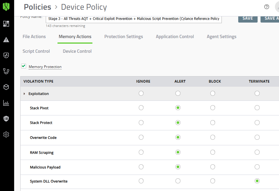 Cylance Memory Actions System DLL Overwrite