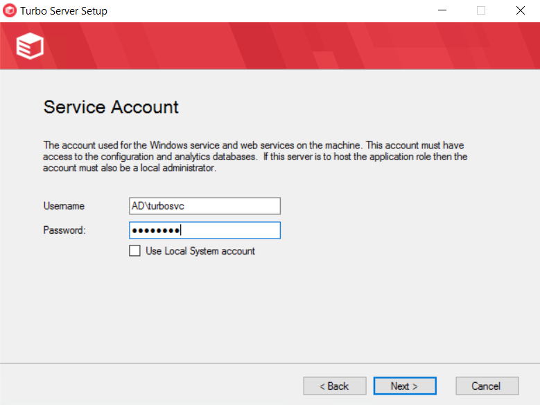 Server setup service account