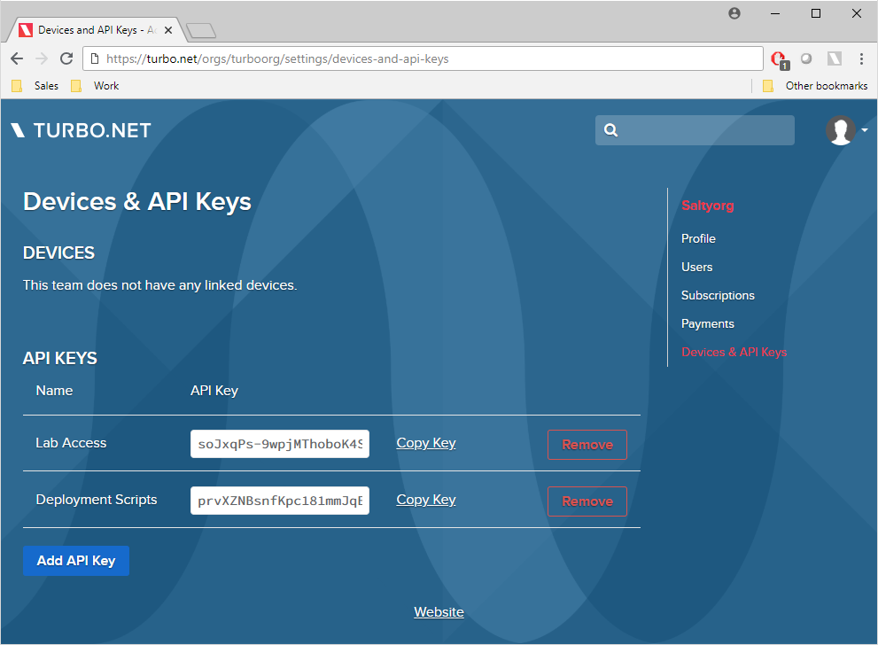 Device and API keys table