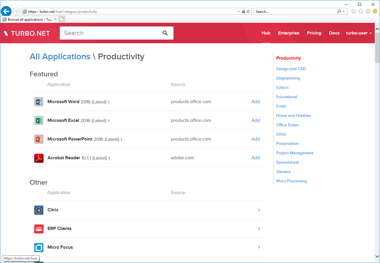 Browsing applications on the Turbo.net hub