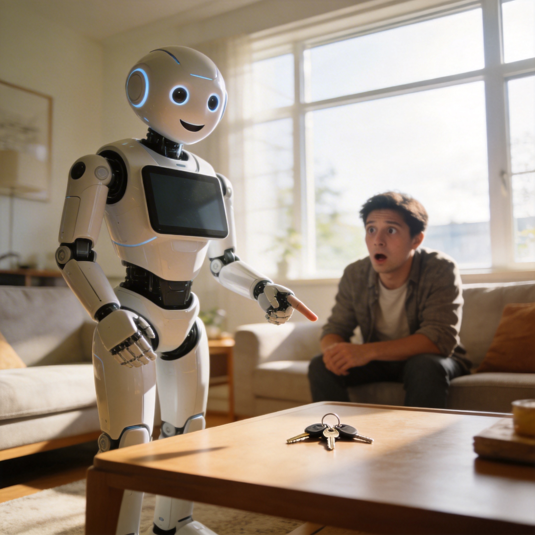 Humanoid robot pointing to lost keys on a coffee table, assisting a person in a modern living room.