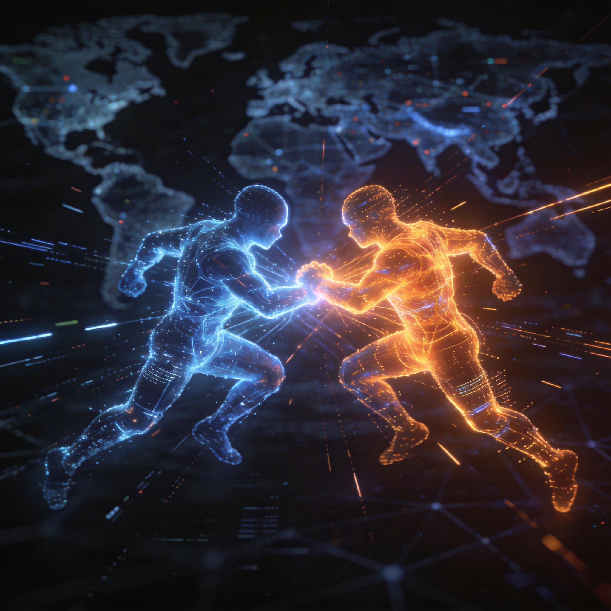 Two glowing digital entities, blue and orange, representing competing AI models in a global landscape.