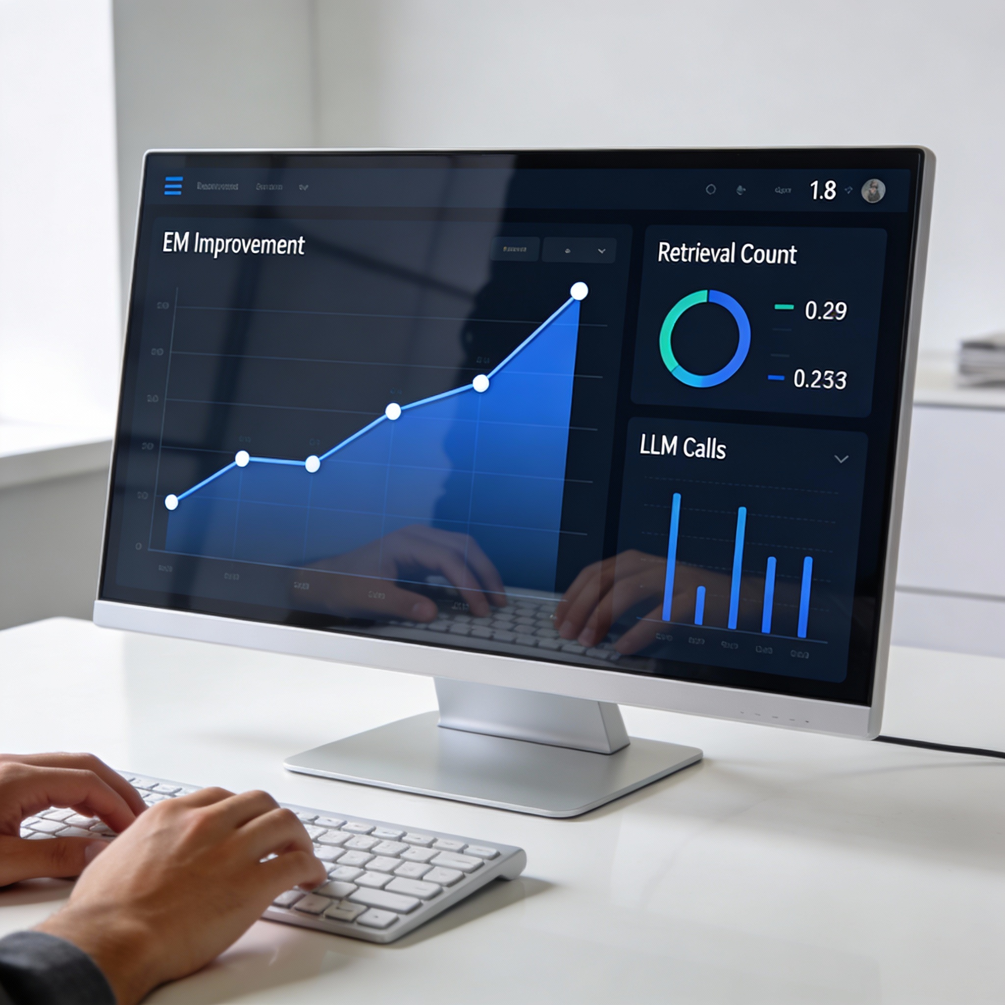 Digital dashboard displaying 'EM Improvement' graph and low retrieval counts.
