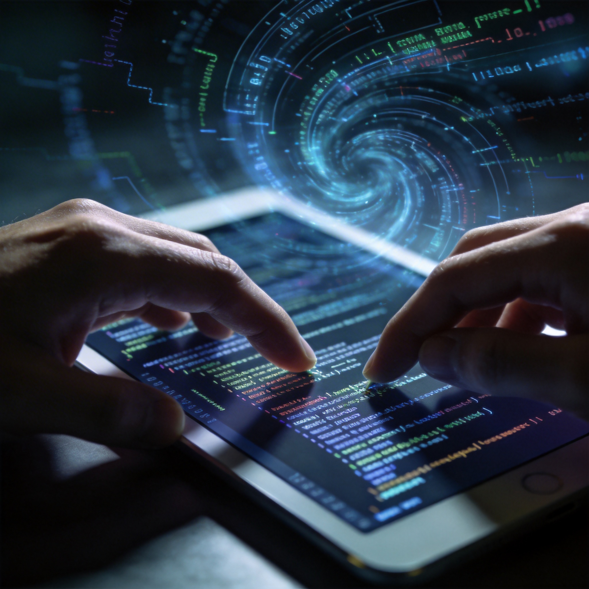 Human hands reviewing code on a tablet, with abstract AI-generated code in the background, symbolizing oversight.