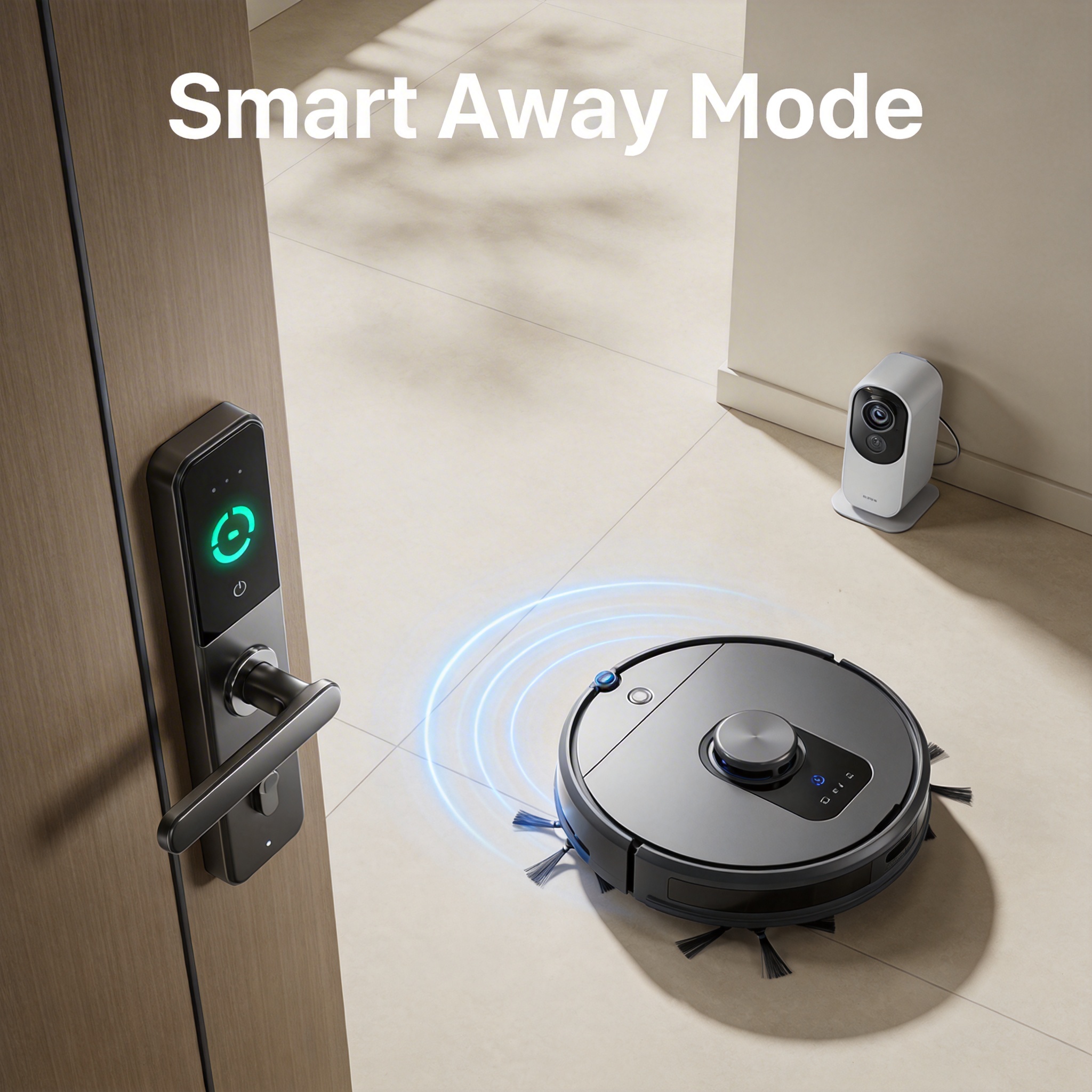 Smart home entryway with engaged smart lock, robot vacuum, and security camera, illustrating 'Away Mode'.