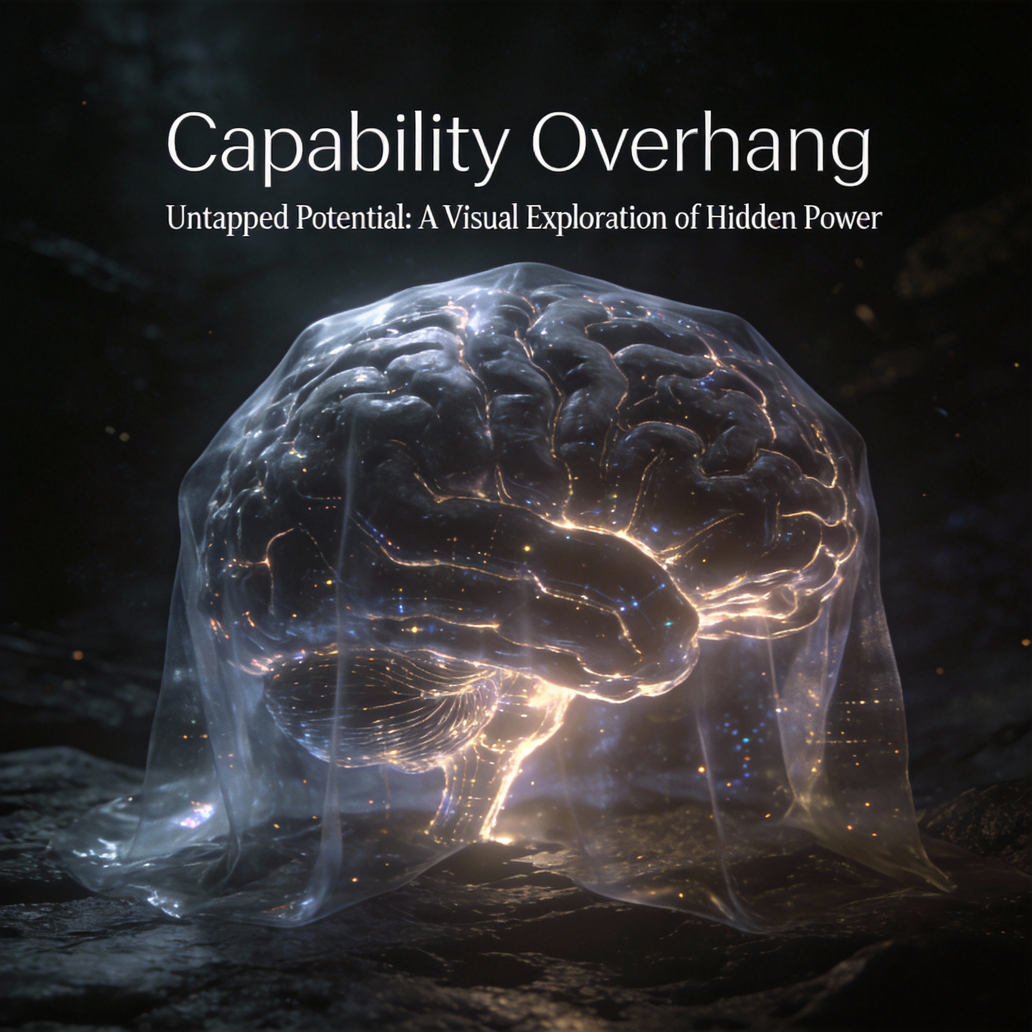 Abstract digital core partially obscured by a veil, symbolizing AI 'capability overhang.'
