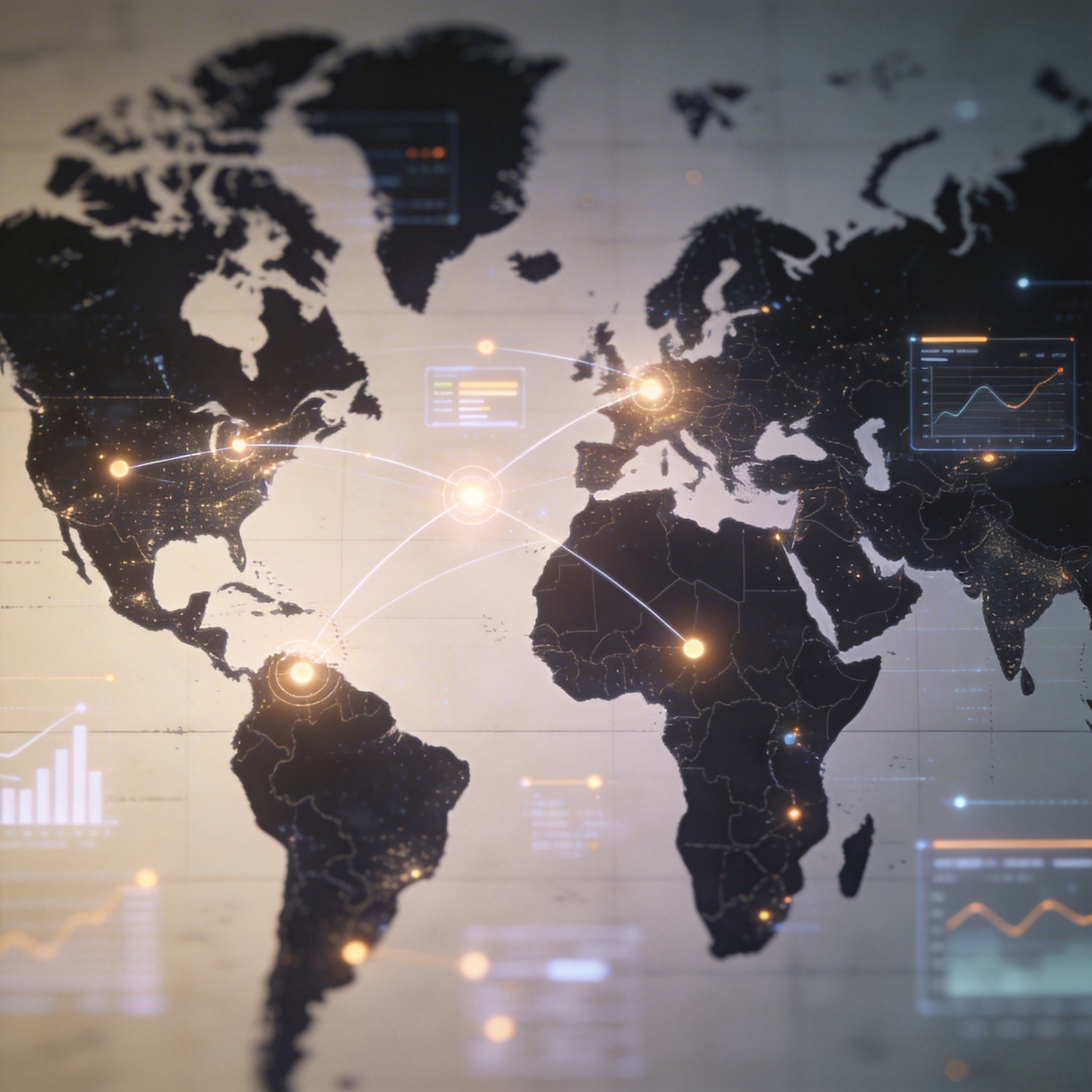 Stylized world map with accurate and inaccurate digital data points, representing AI knowledge integration.