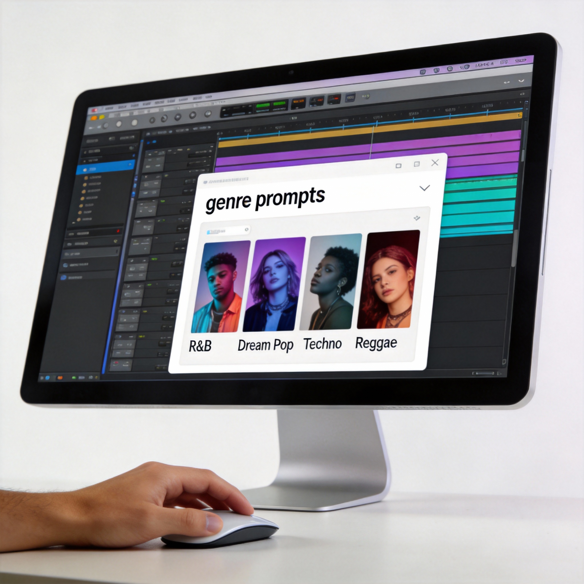 Computer screen showing music genre prompts in a software interface.