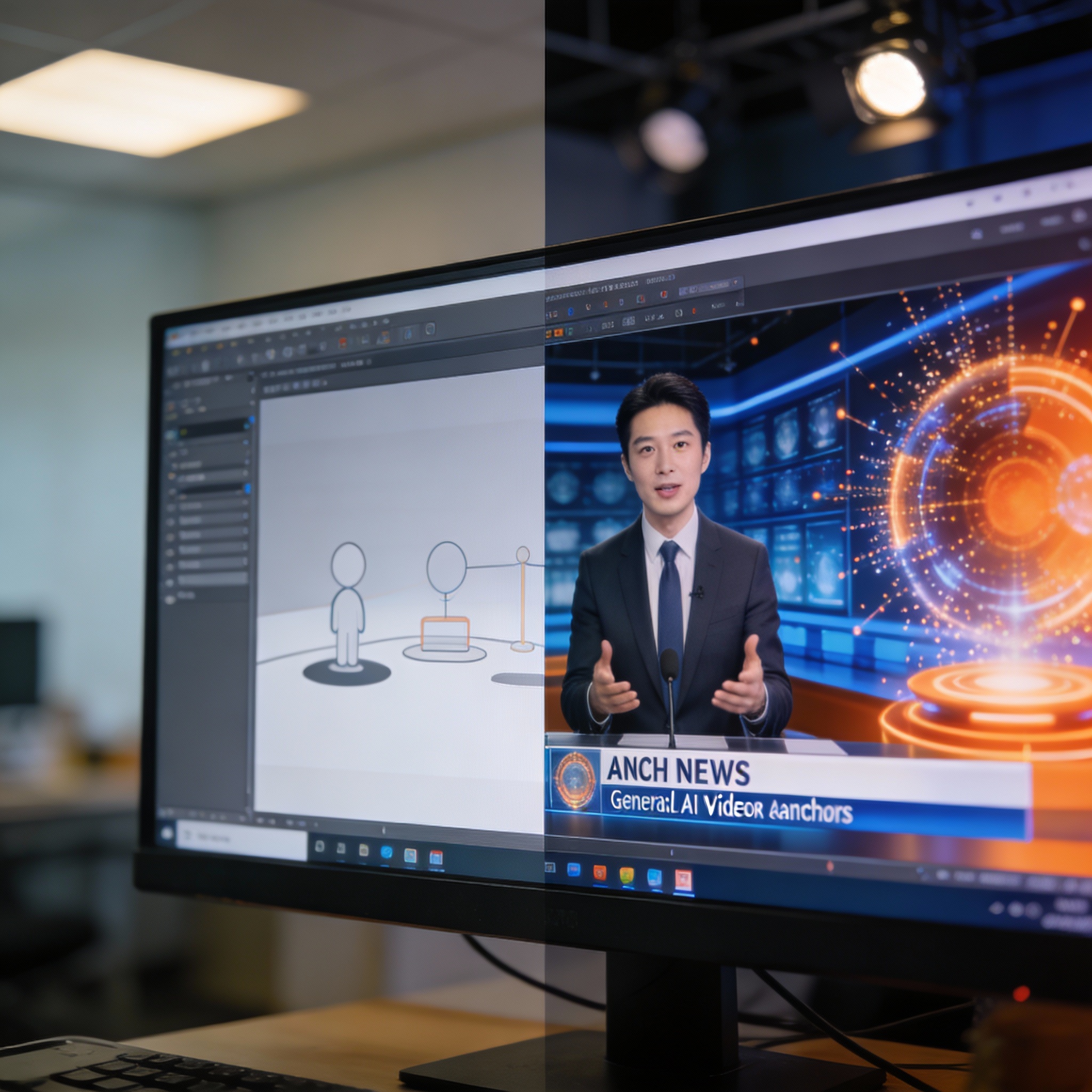 Split image showing a generic AI video generation interface versus a specialized one with a digital human anchor.