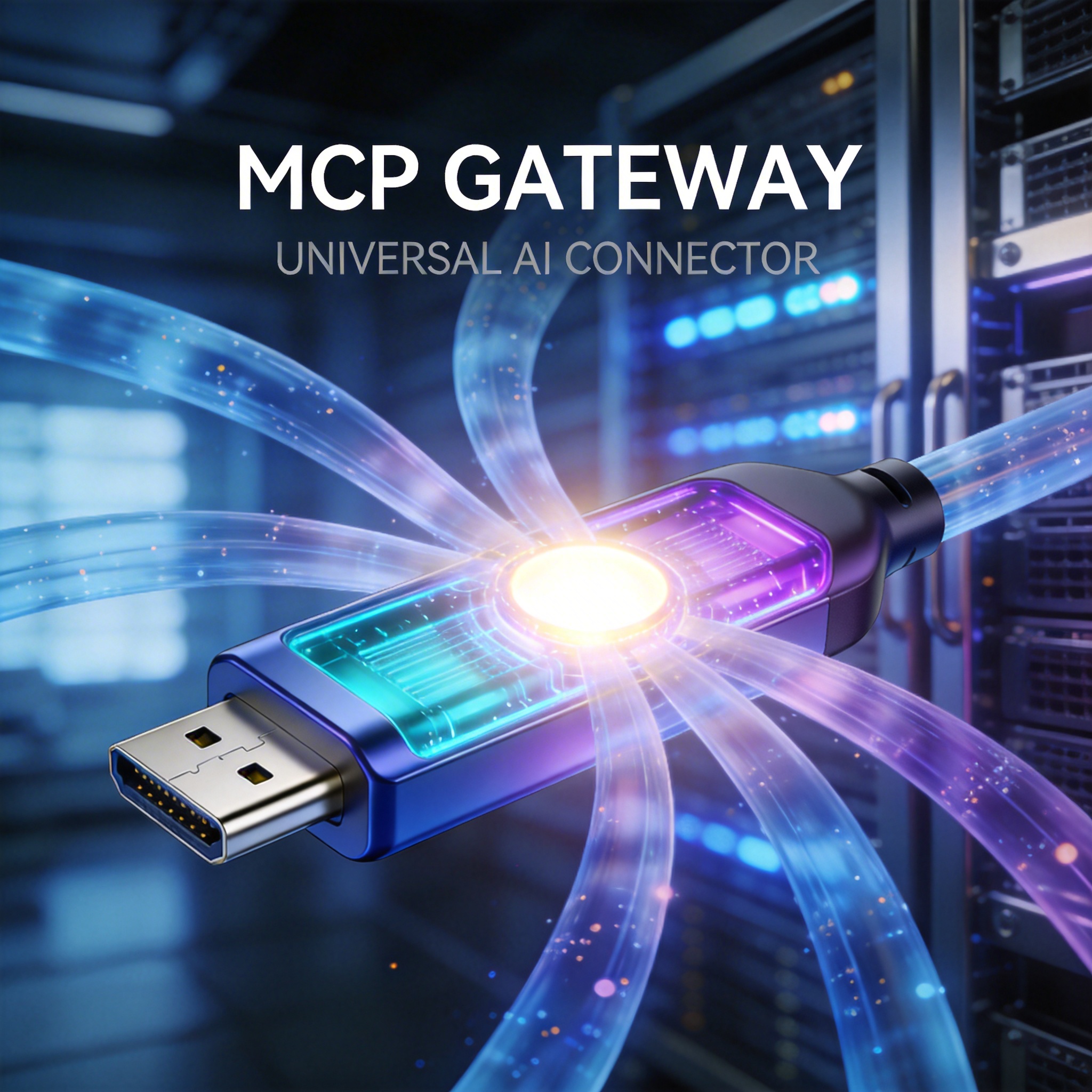 Glowing, stylized USB-C port connecting multiple data streams, symbolizing the MCP Gateway.