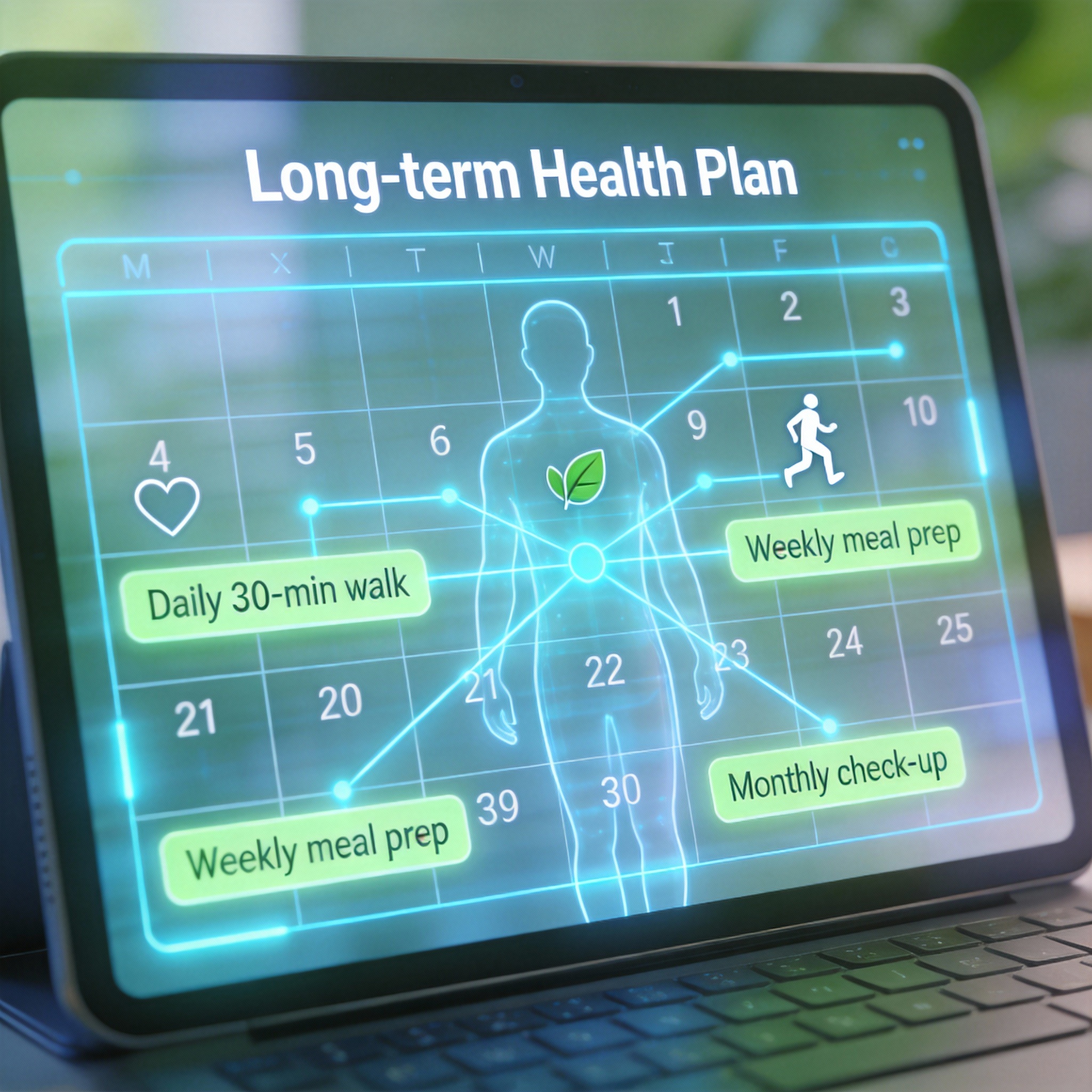 Digital calendar interface showing a 'Long-term Health Plan' with scheduled tasks and reminders.
