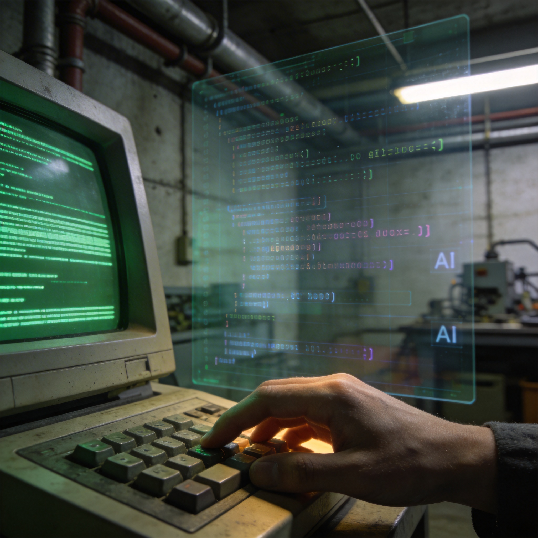 Human hand interacting with an old green-screen computer terminal, with a subtle digital overlay of modern AI code.
