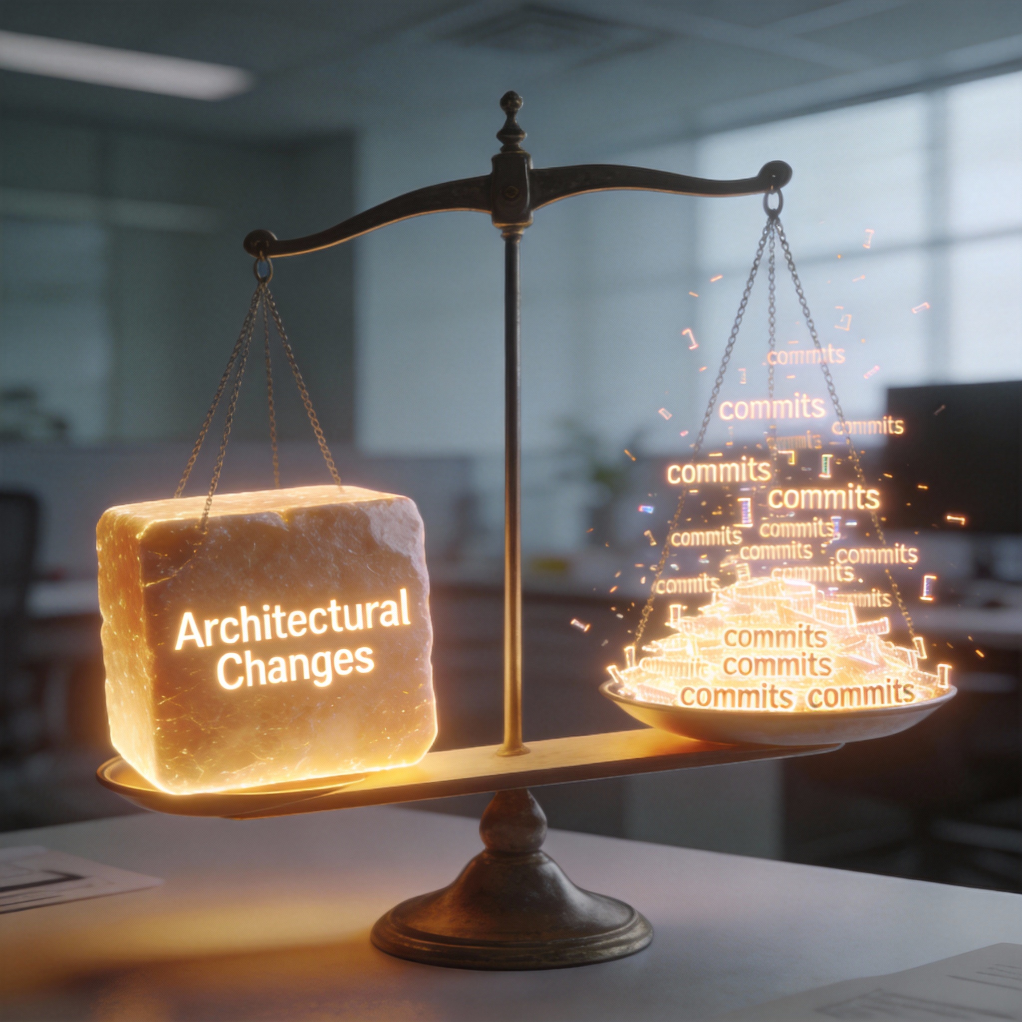 Balance scale with 'Architectural Changes' outweighing numerous small 'commits', symbolizing trivialization of software engineering.