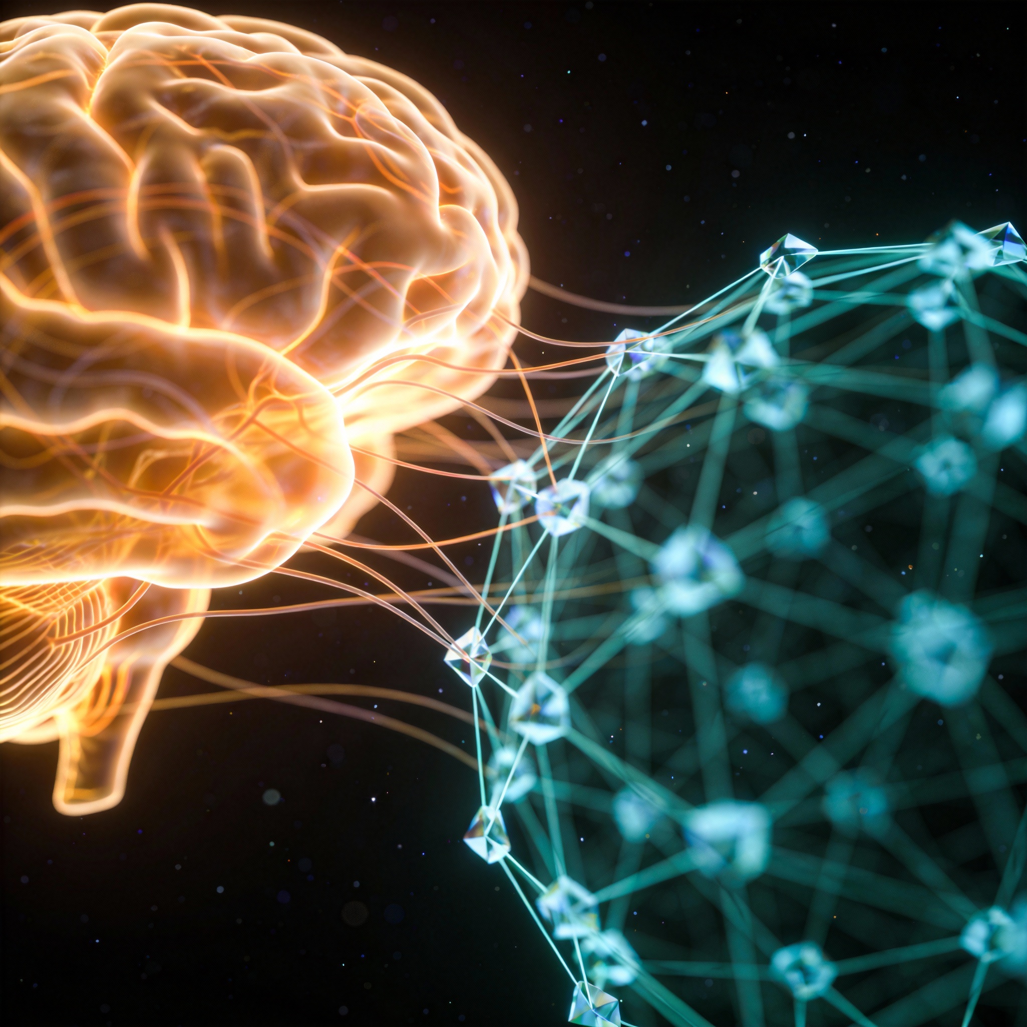 Abstract visual of organic and geometric neural networks merging, symbolizing human-AI cognitive convergence.