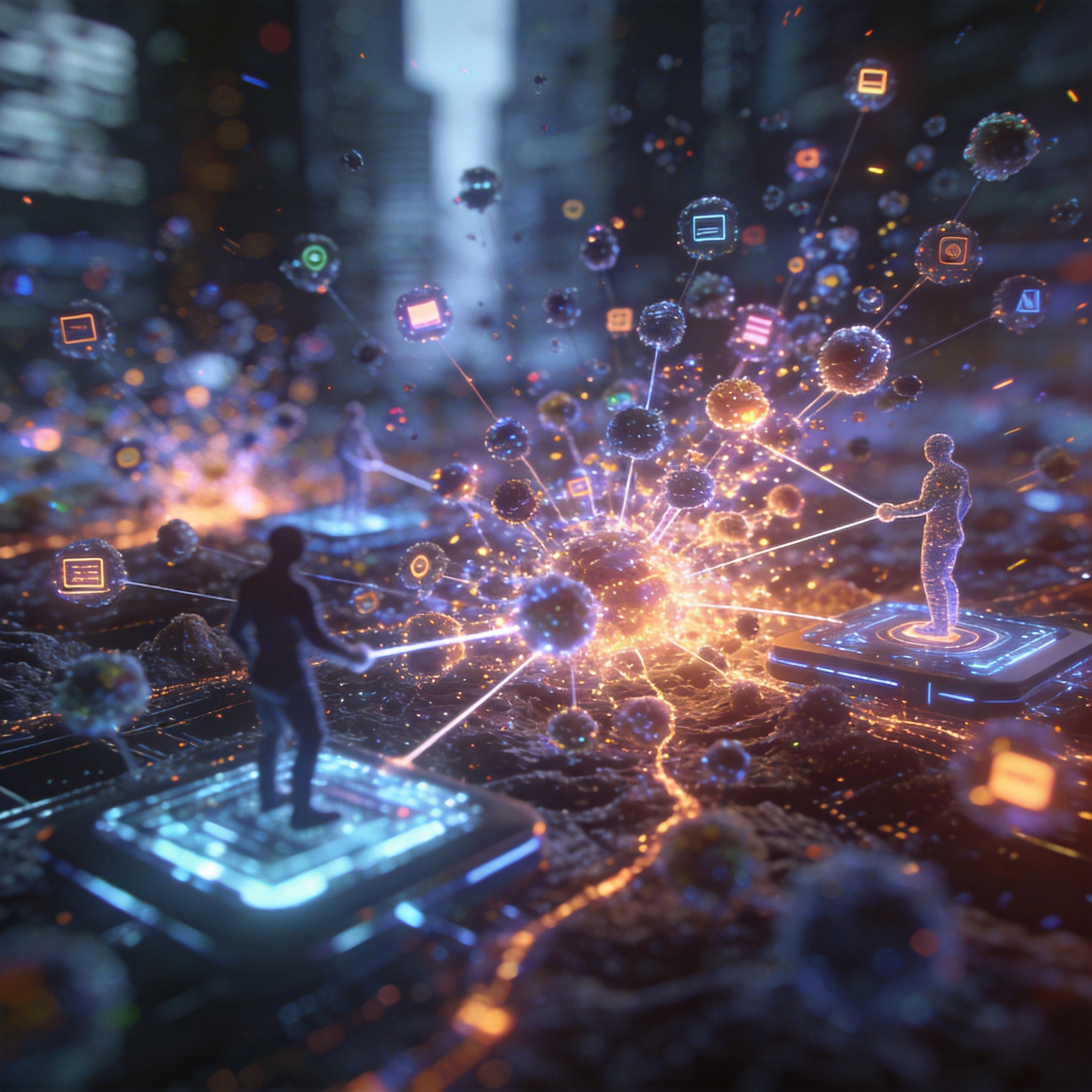 Swarm of glowing digital entities representing a 'Cambrian explosion' of AI agents in a digital landscape.