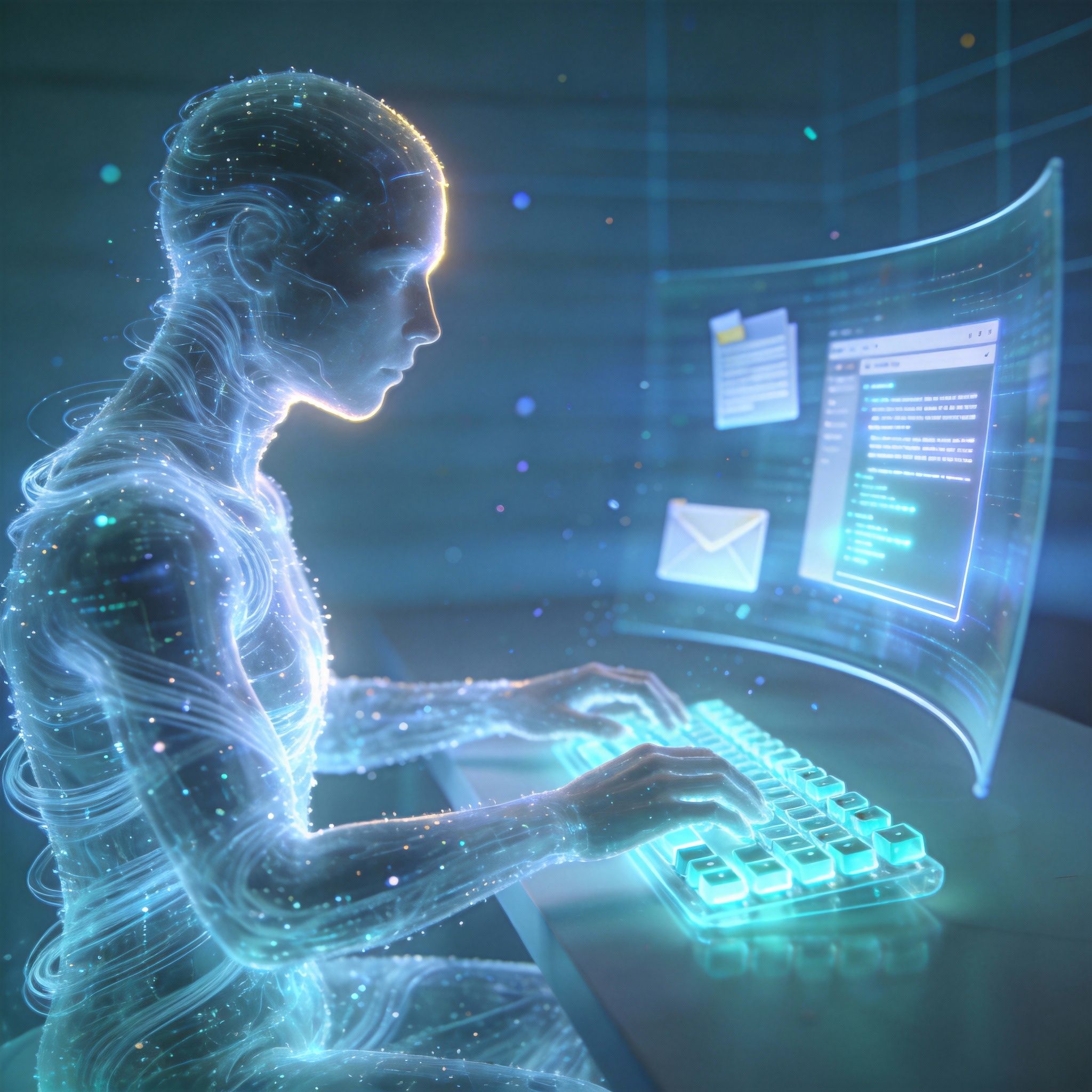 Translucent, glowing humanoid figure made of data streams, representing an AI agent performing tasks.