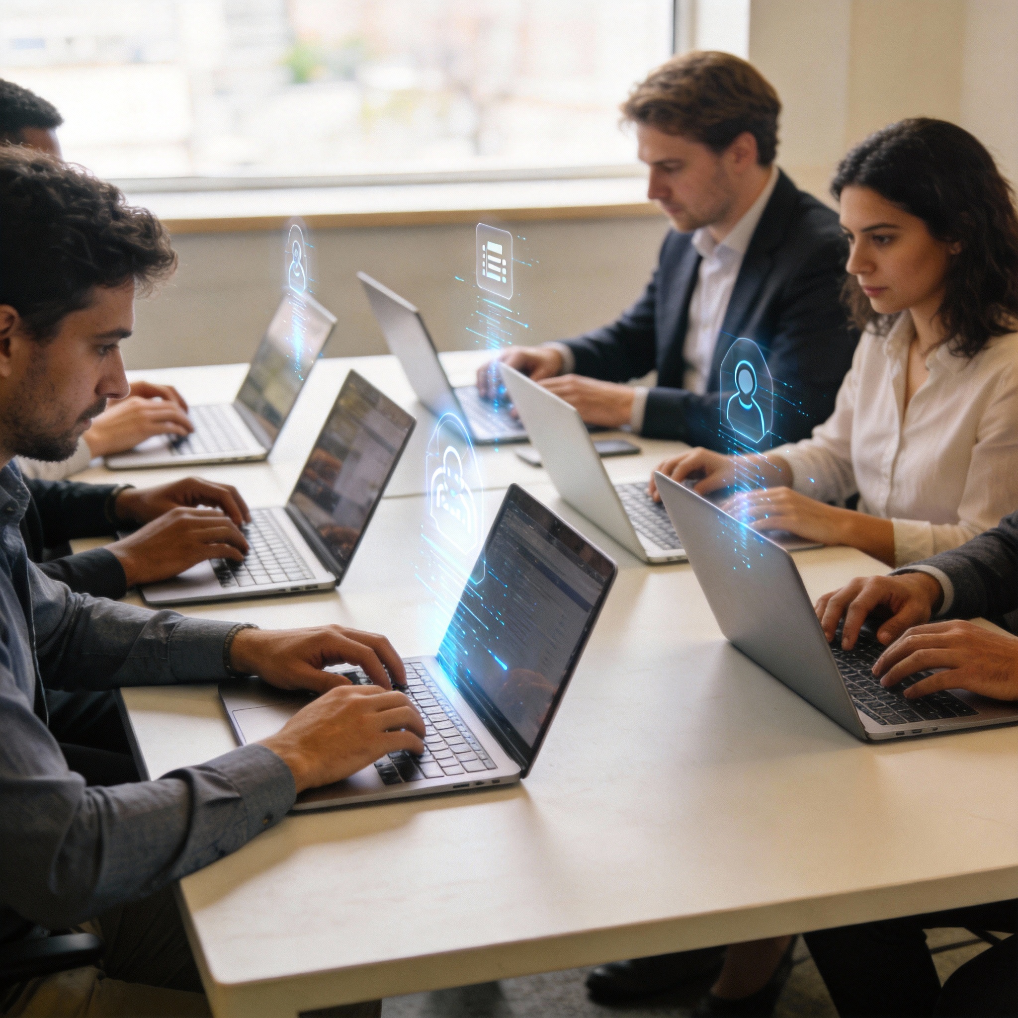 Diverse professionals working collaboratively, with AI subtly integrated into their digital workflow.