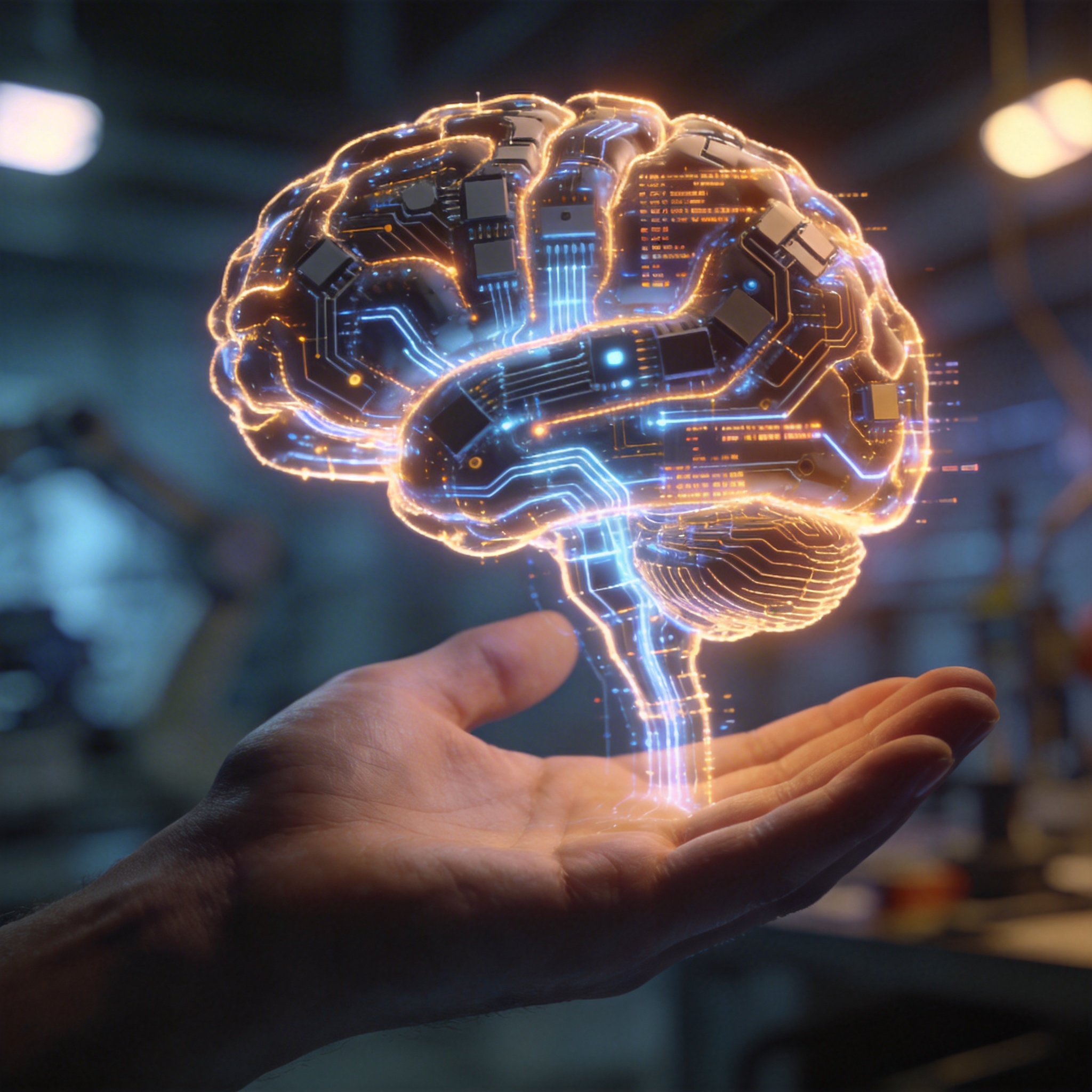 Abstract image of a glowing, circuit-filled 'robot brain' held in a human hand, symbolizing open-source AI development.