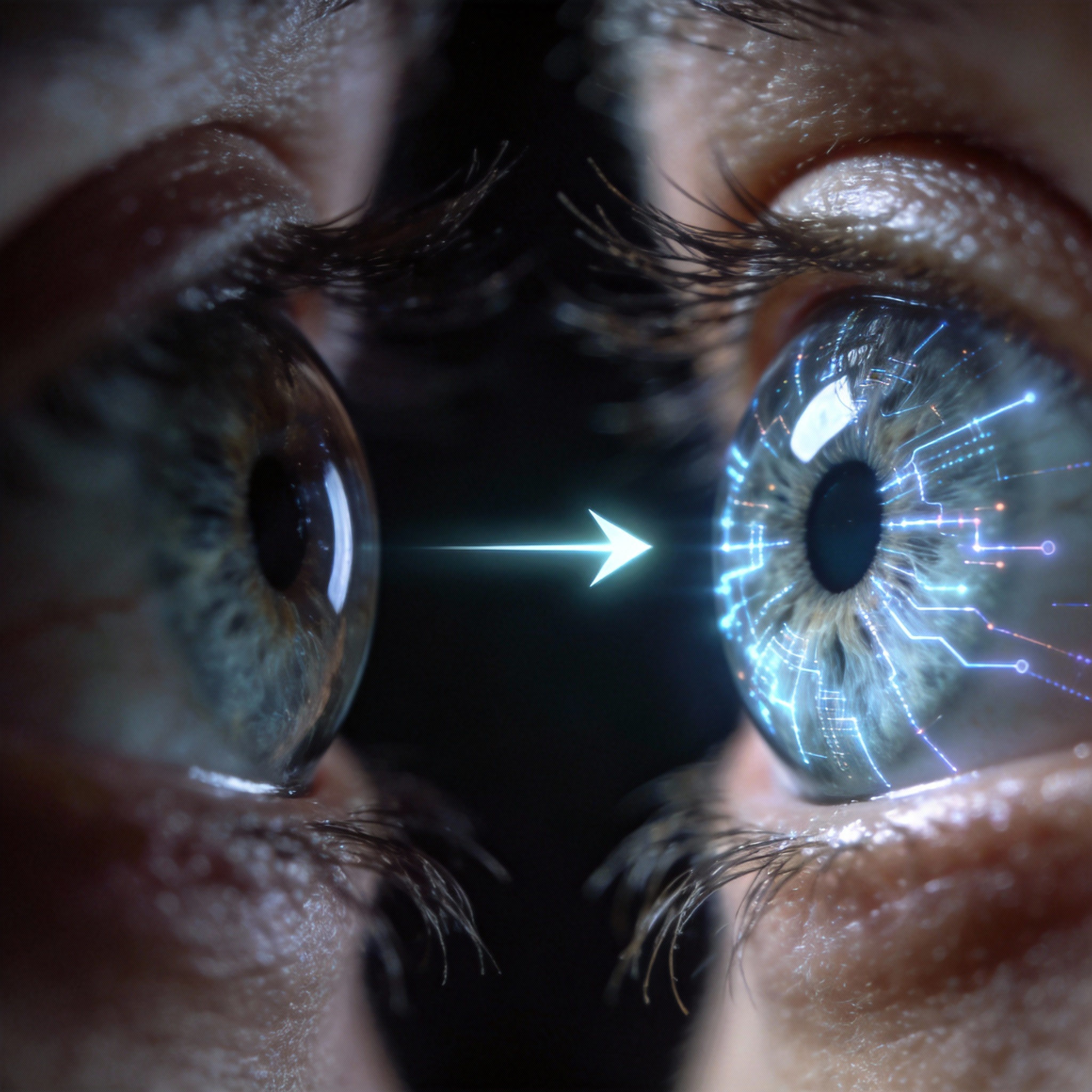 Conceptual image showing a blurred eye transforming into a clear eye with digital analysis, symbolizing AI's shift to understanding degradation.