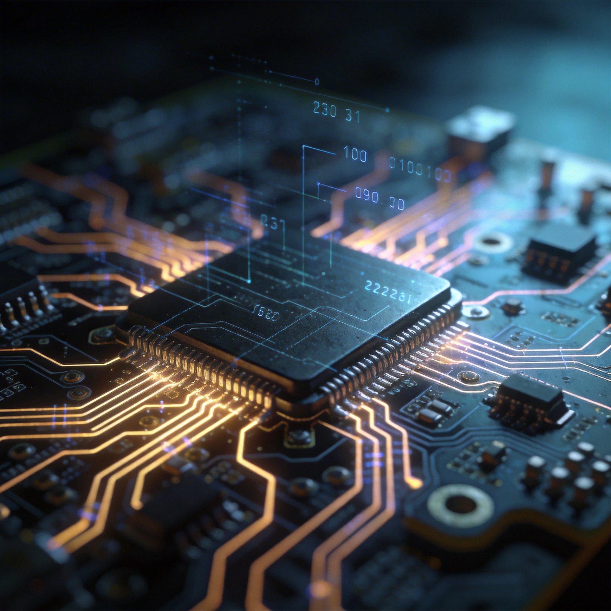 Intricate circuit board with glowing data pathways, symbolizing efficient AI training.