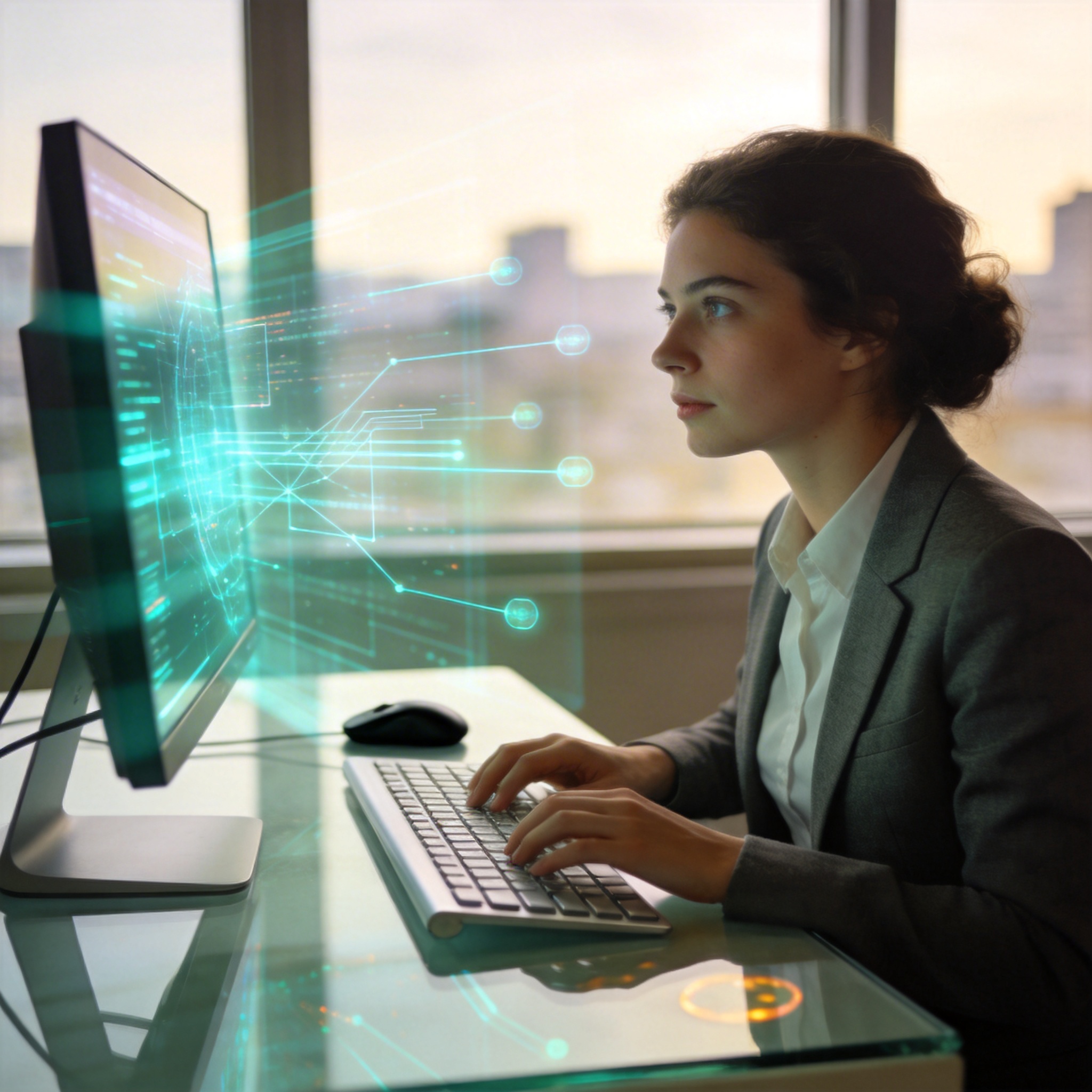 Professional working at a desk, with a subtle digital overlay on the screen suggesting background AI operation.