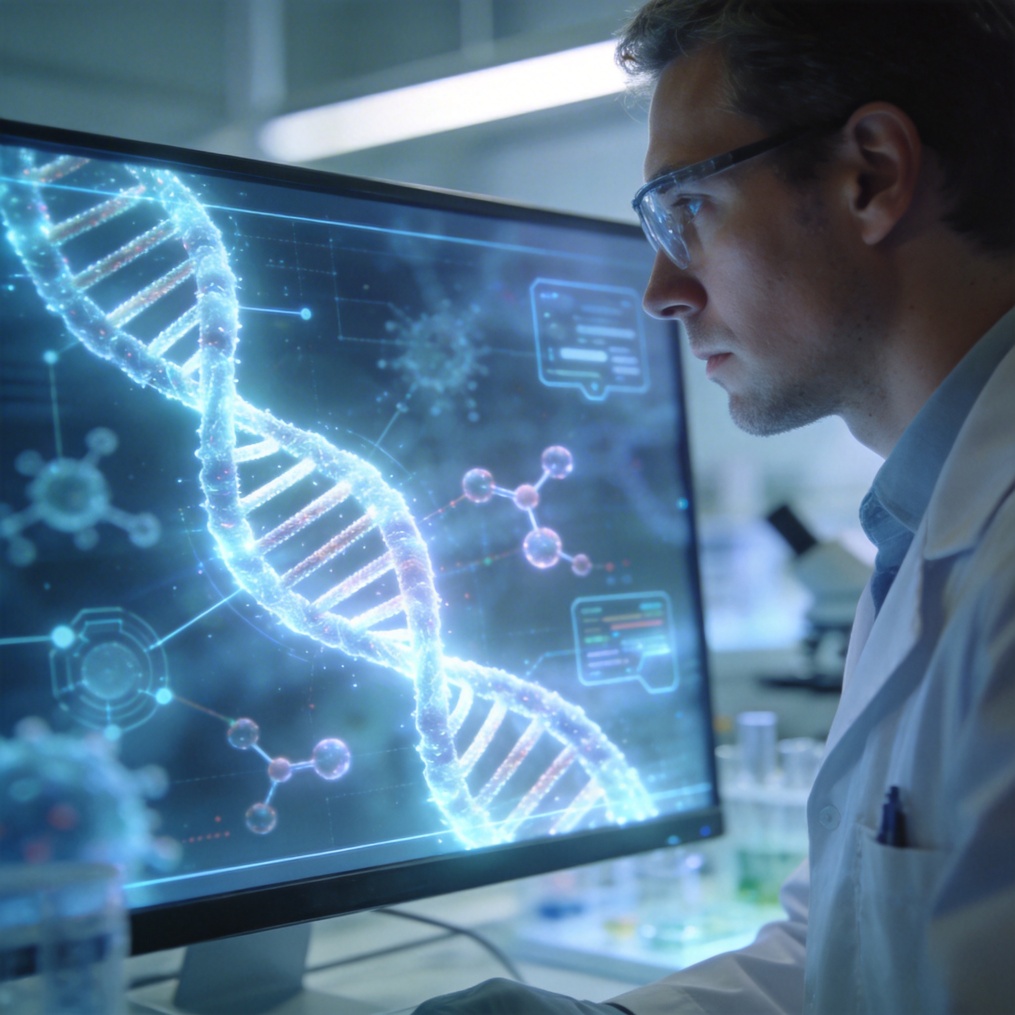 Futuristic biotechnology lab with holographic displays of DNA, symbolizing AI's role in medical breakthroughs.