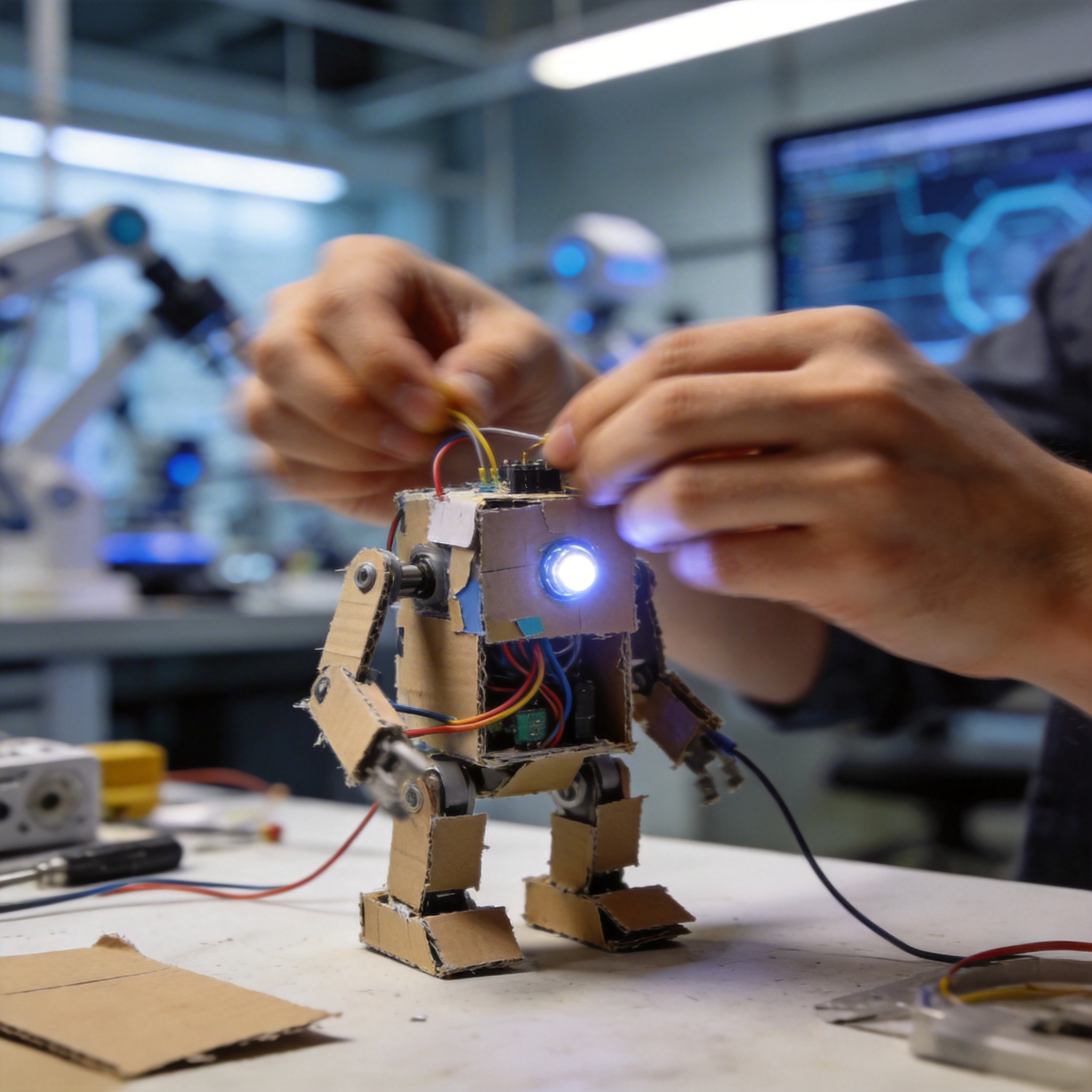 Hands rapidly assembling a crude robot prototype, illustrating rapid prototyping and imperfection.