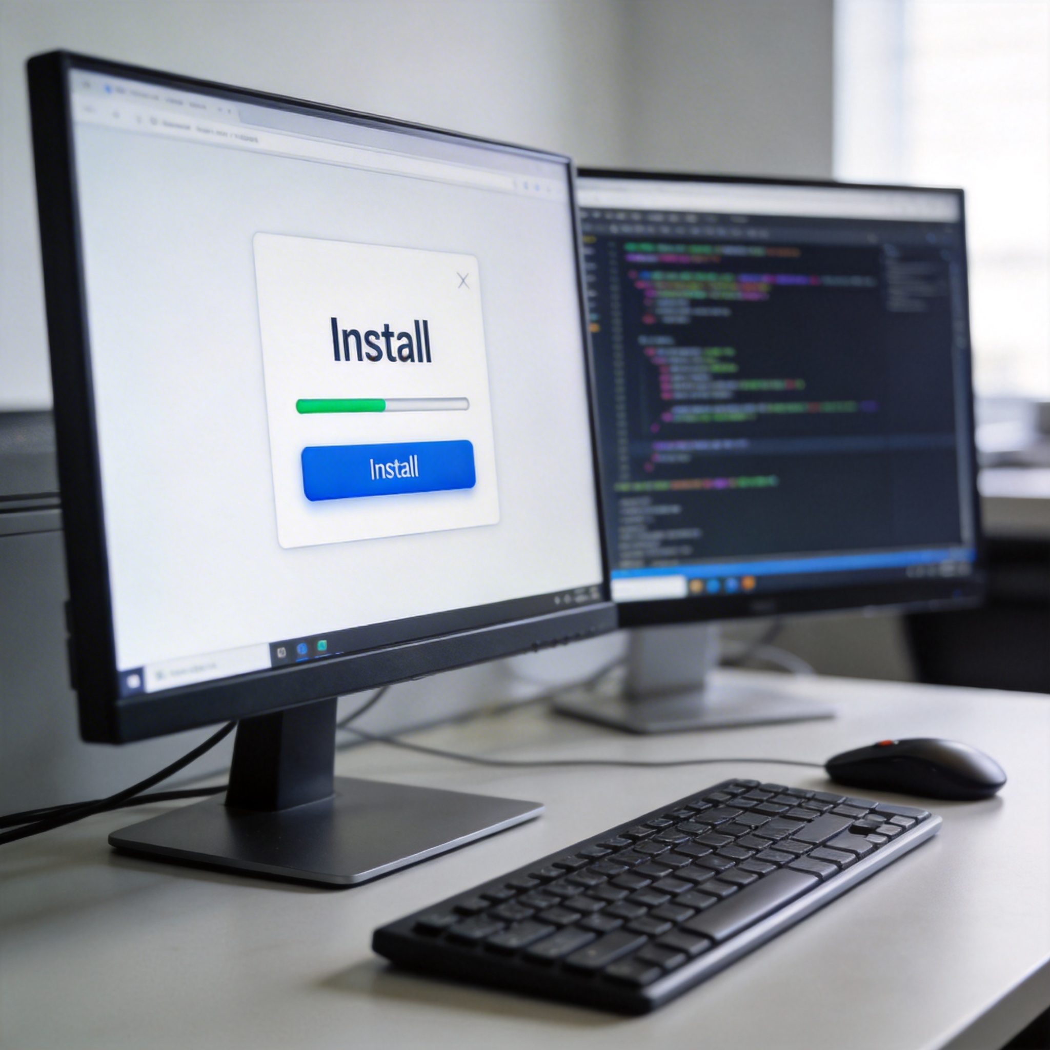 Desktop screen showing a simplified 'Install' button over a complex command-line interface.