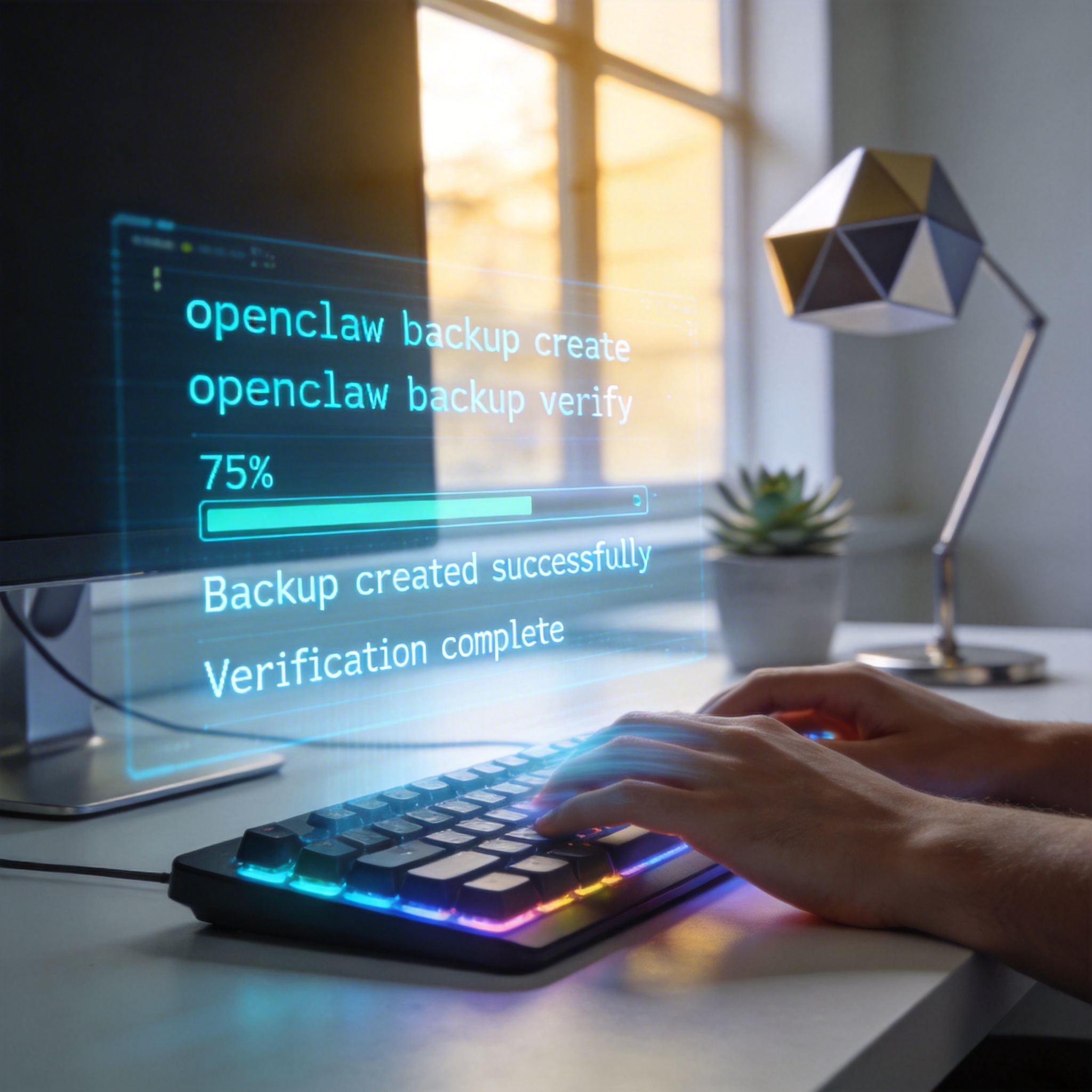 Developer's hands typing on a keyboard, with holographic display showing 'openclaw backup' commands.