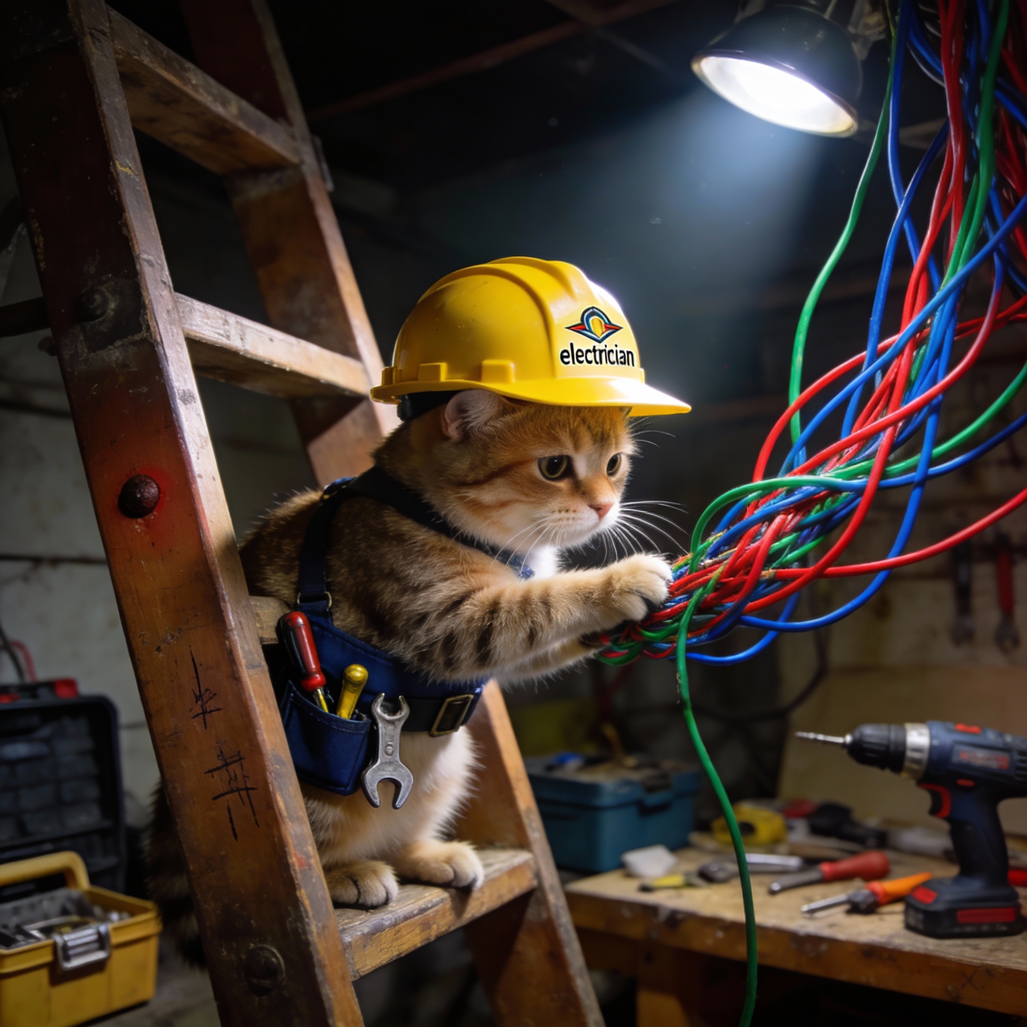 A cat wearing an electrician's hard hat and tool belt, looking at wires, symbolizing viral AI animal content.