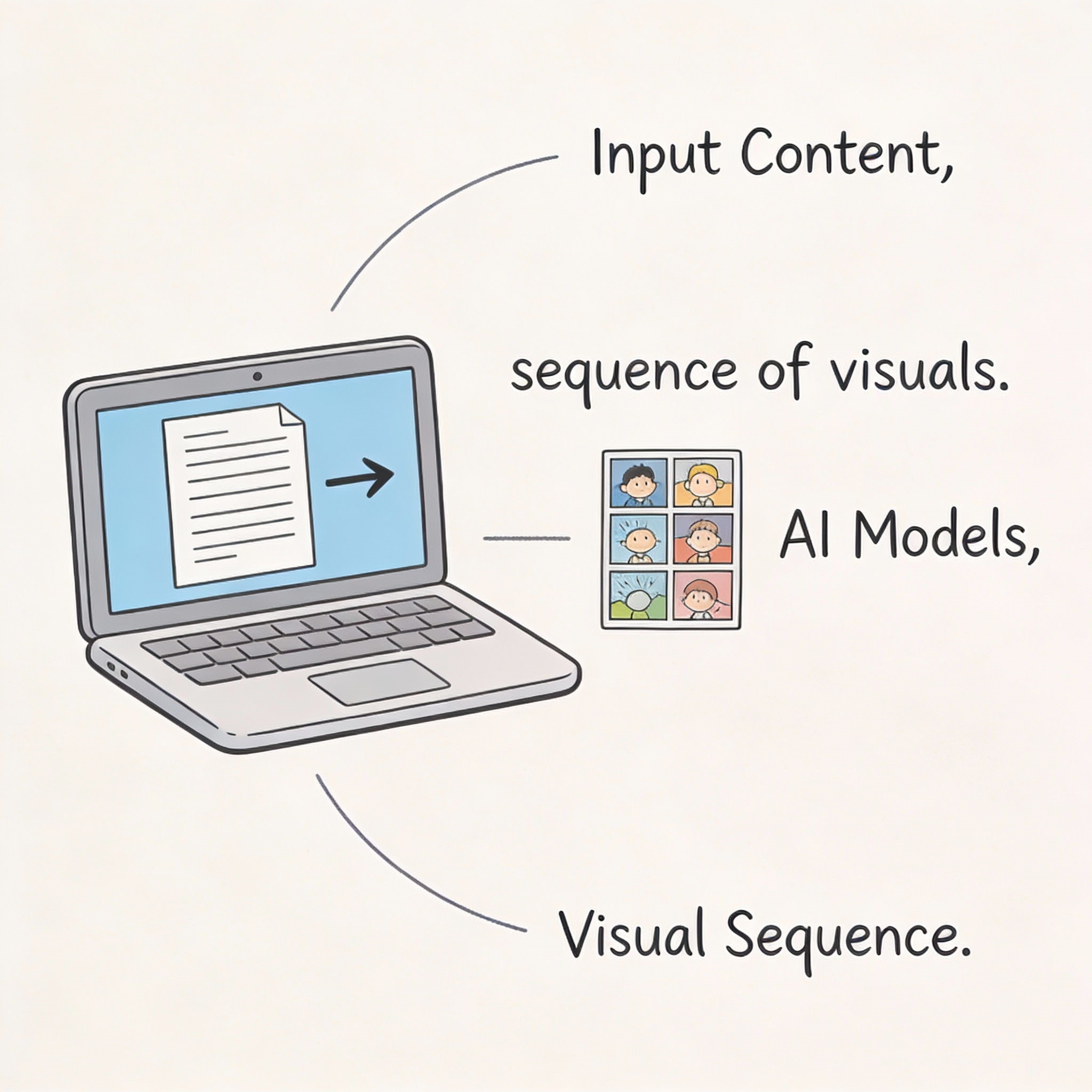 Diagram showing text input transforming into a sequence of AI-generated infographic visuals.