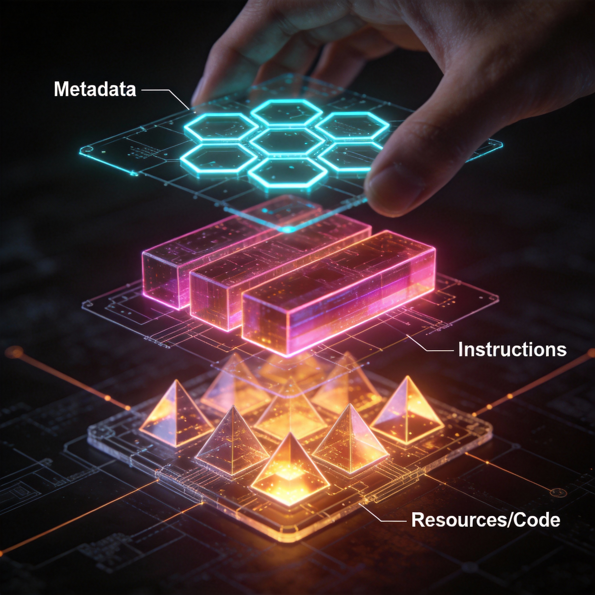 Abstract representation of a Skill being deconstructed into three layers: metadata, instructions, and resources/code.