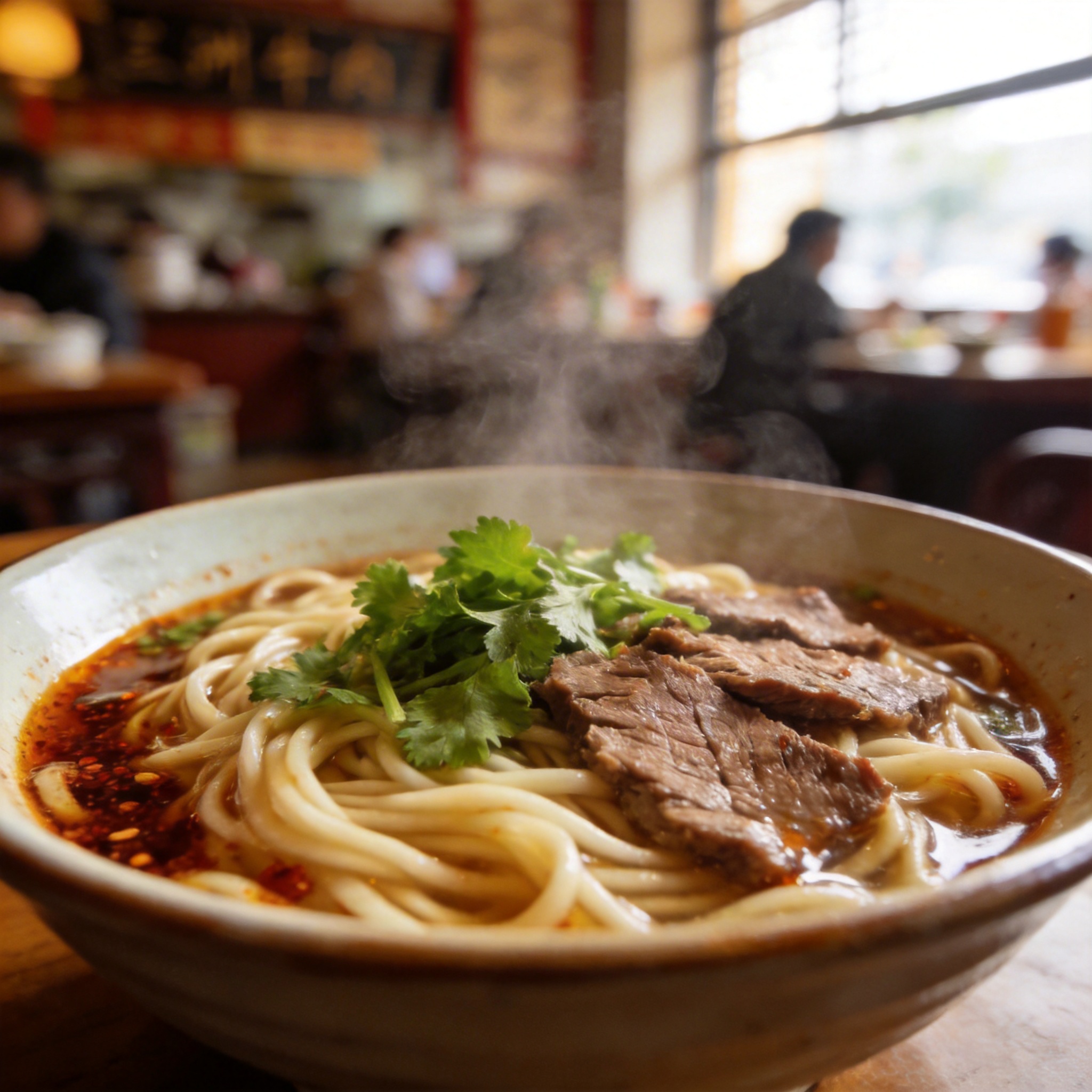 A close-up, steaming bowl of Lanzhou beef noodles with beef, cilantro, and chili oil.