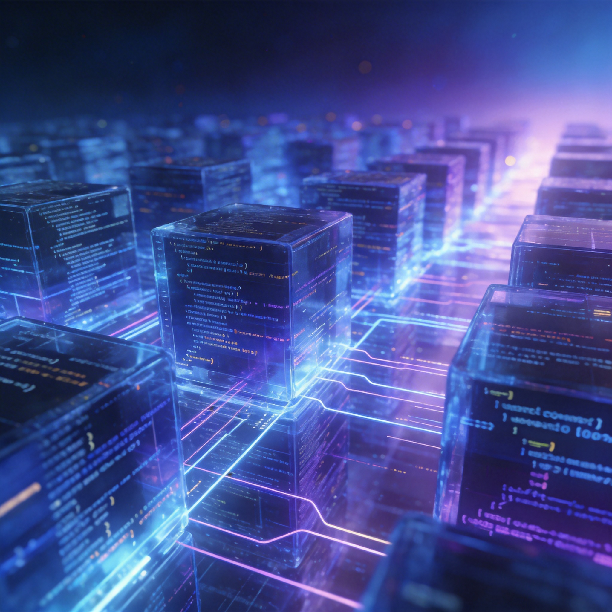 Abstract digital library with glowing lines of code and data flowing between transparent blocks, symbolizing a vast context window.