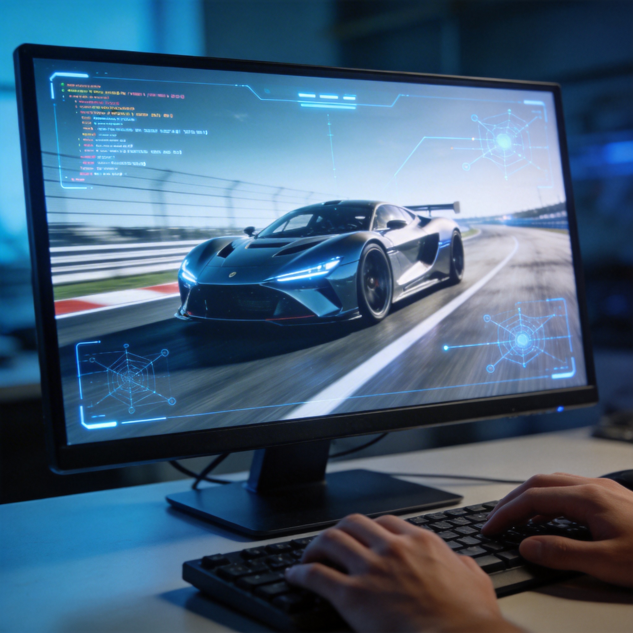 Modern racing game interface on a monitor, with subtle AI development indicators.