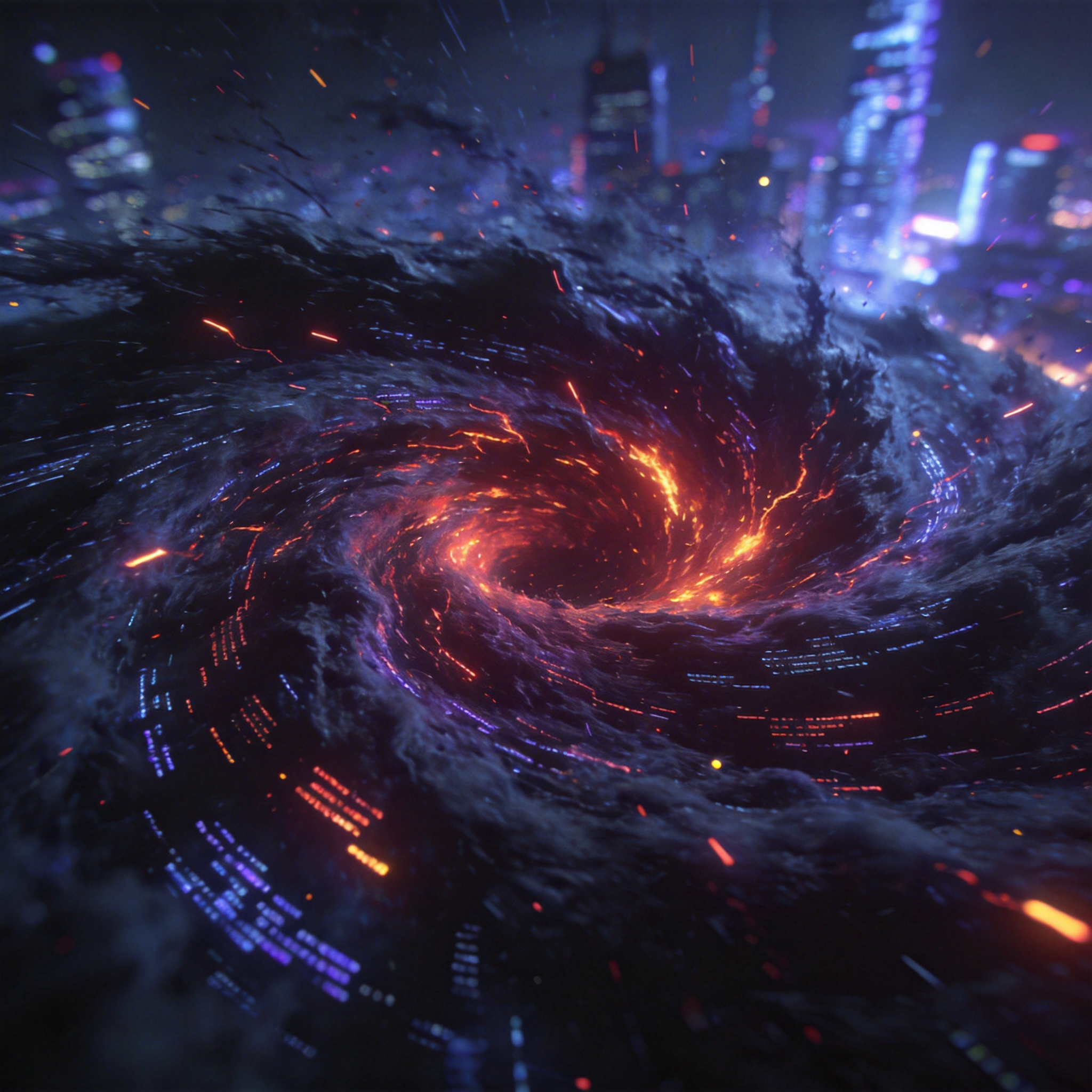 Abstract digital storm of swirling code and data, symbolizing AI-powered cyberattacks.