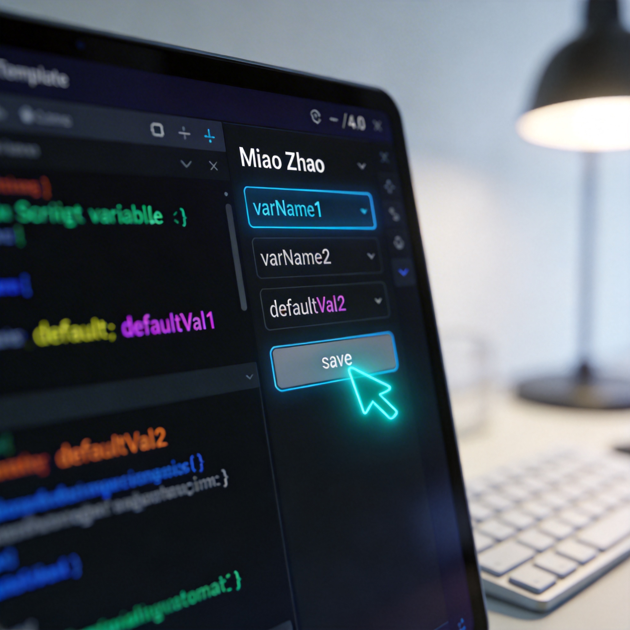 Digital interface showing a 'Miao Zhao' script template with variables, symbolizing advanced automation.