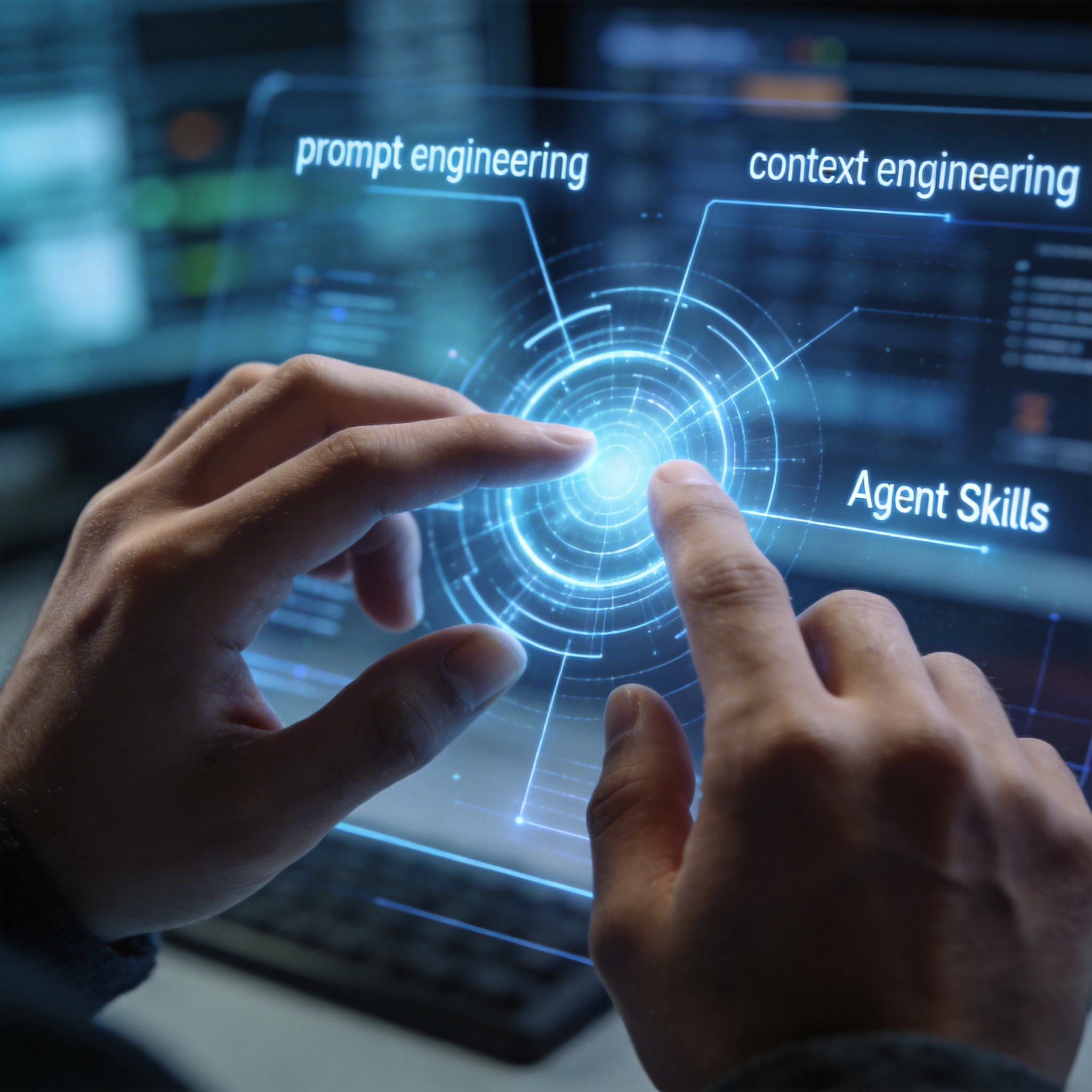 Hands meticulously working on a digital interface, symbolizing mastery of core AI technologies like prompt engineering.