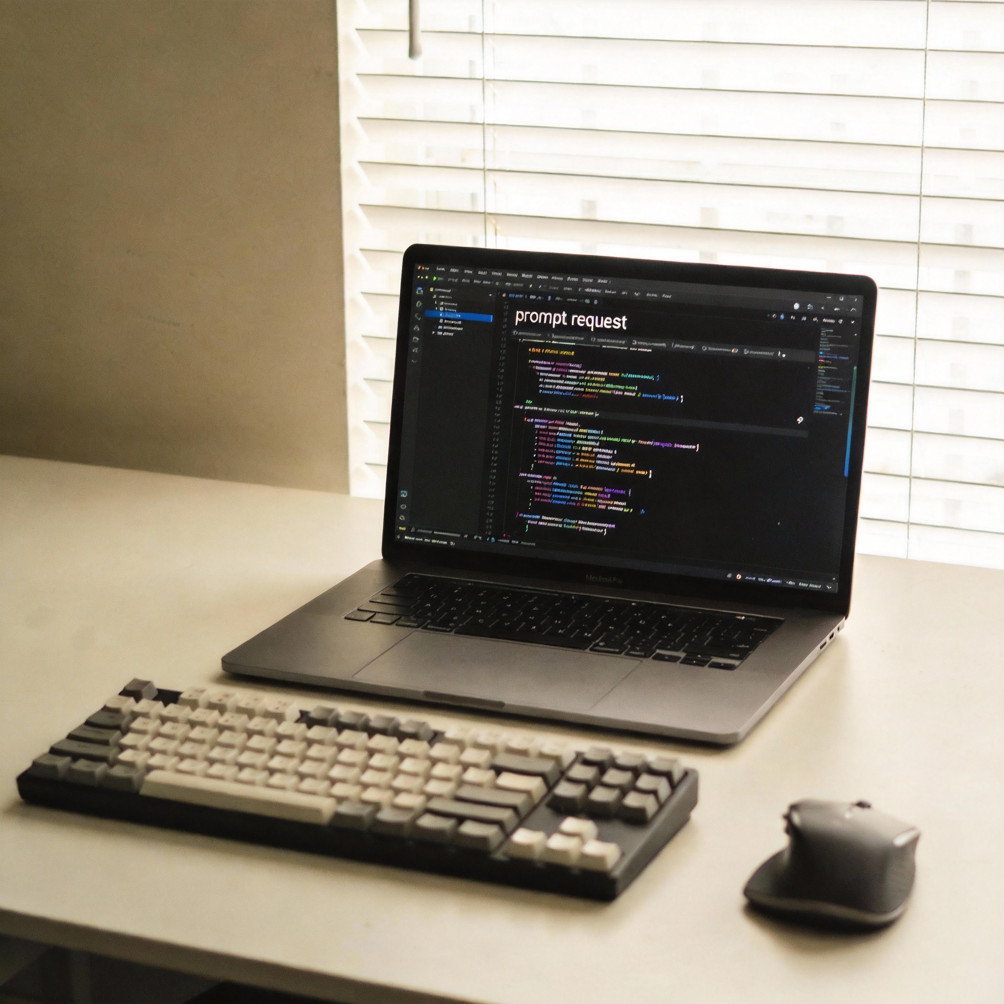 A laptop screen displaying a 'Prompt Request' instead of traditional code, symbolizing the shift in code review.