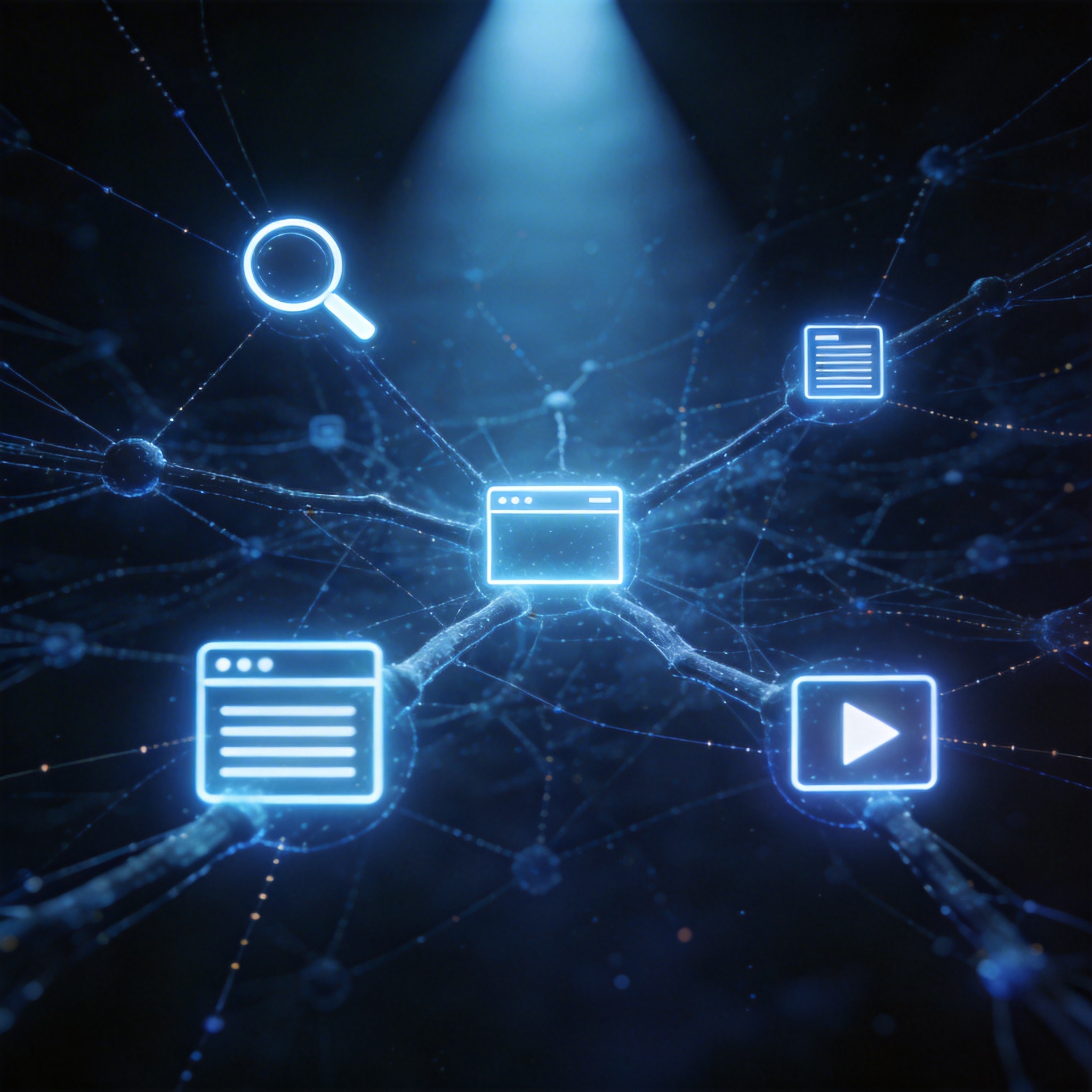 Abstract digital neural network with glowing icons representing various search and skill integrations.
