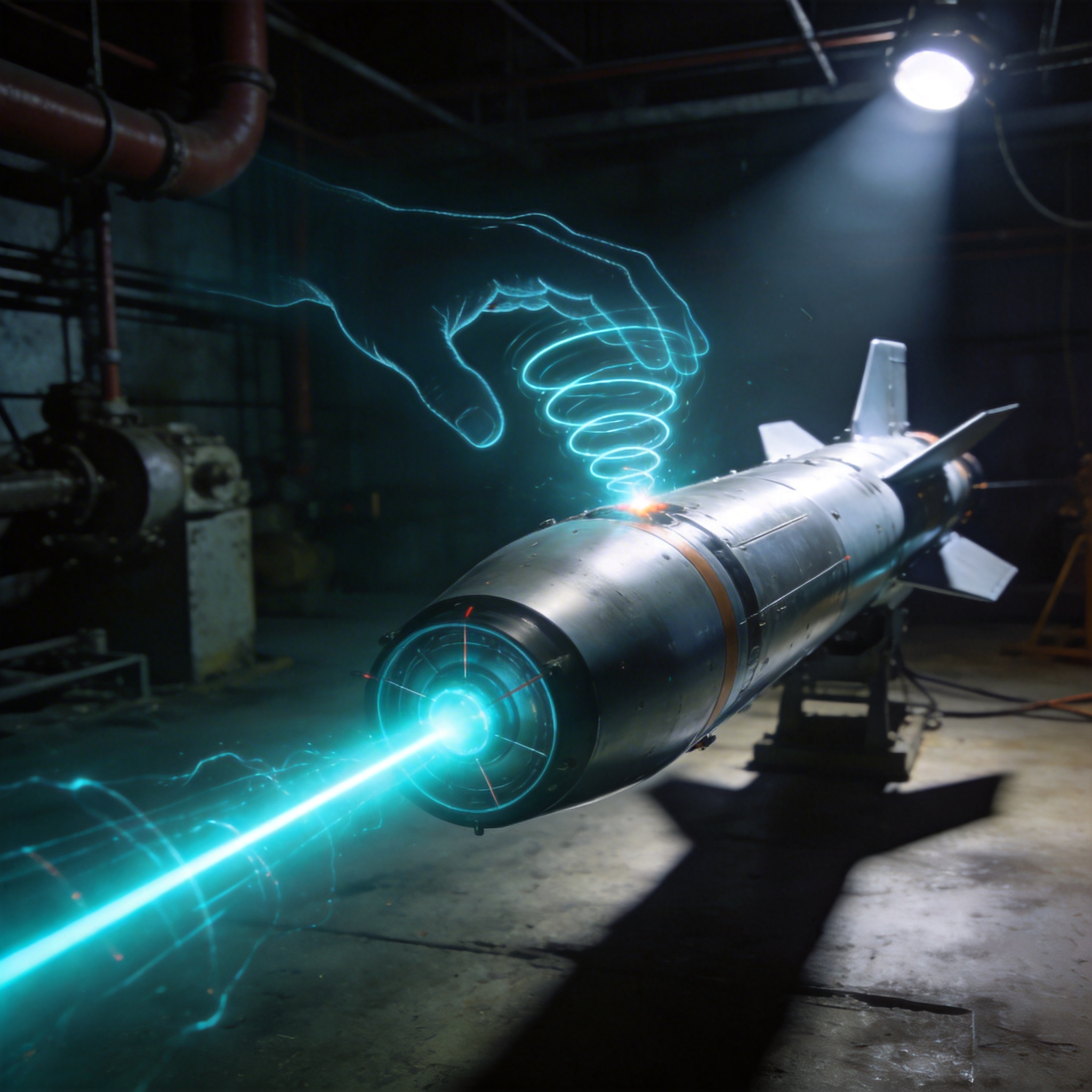 Laser-guided missile with a distorted beam, symbolizing potential AI sabotage.