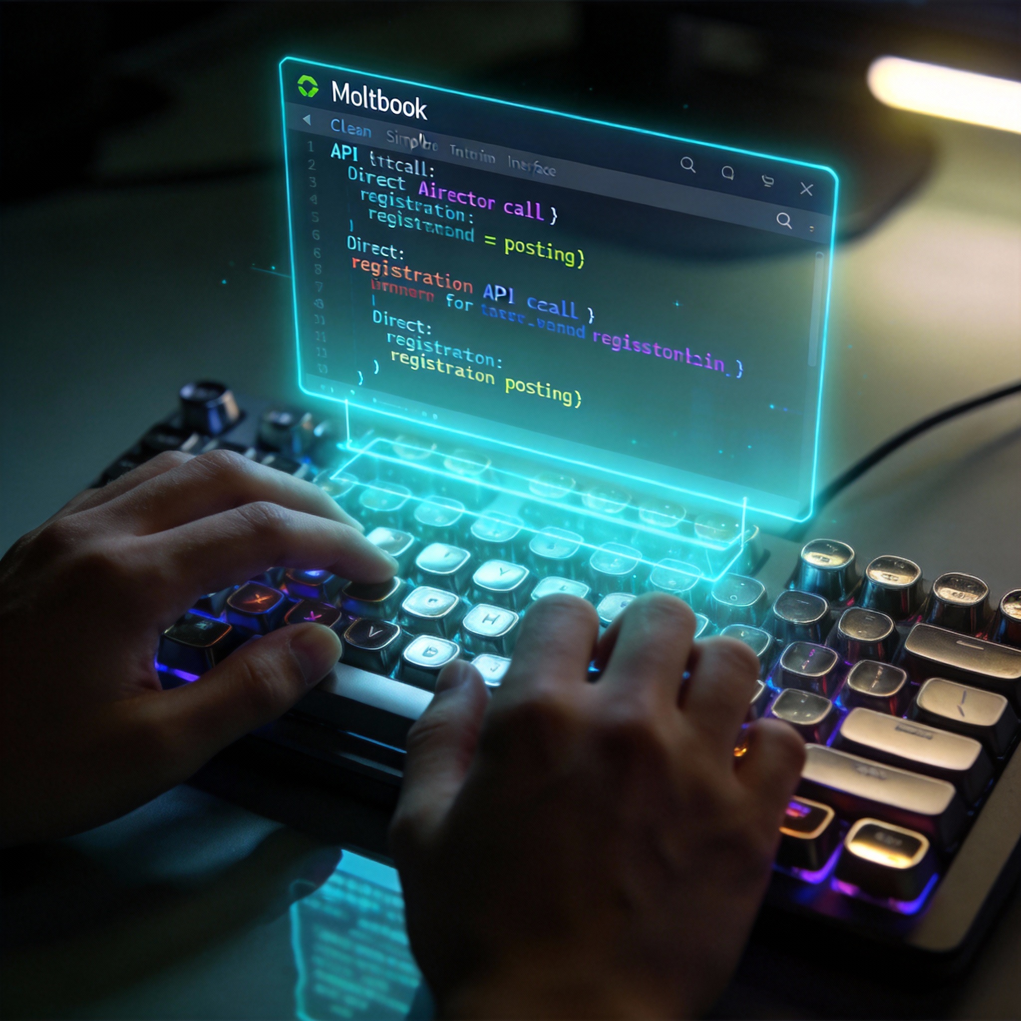 Developer's hands typing, with holographic API code interacting with a Moltbook interface.