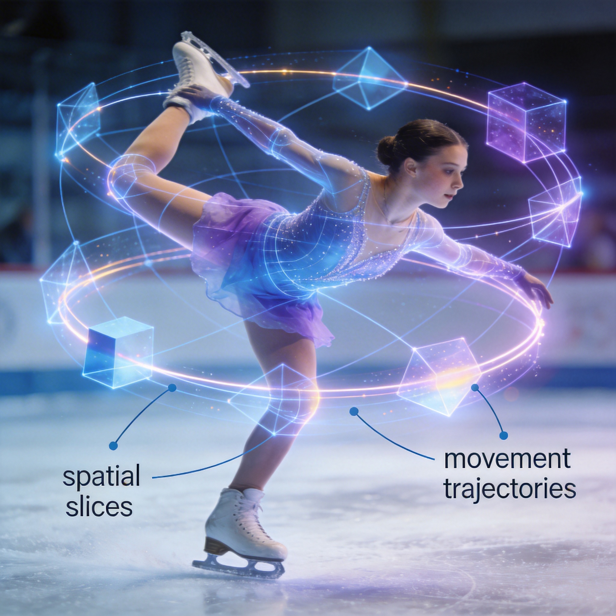 Figure skater with glowing lines and shapes representing spatial slices and movement trajectories.