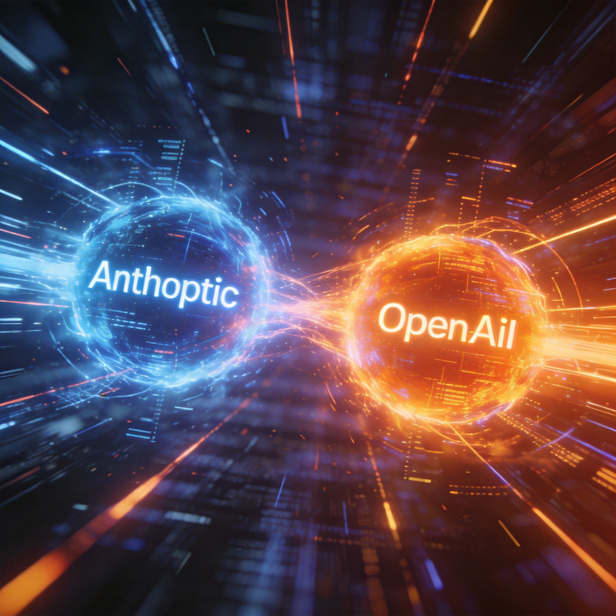 Dynamic light trails and energy flows symbolizing rapid AI advancement and interaction.