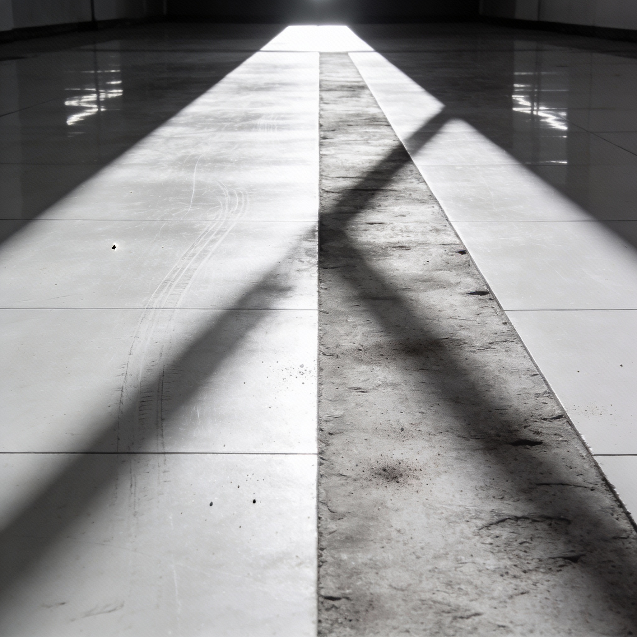 Two distinct pathways diverging on a reflective floor, symbolizing strategic choices and internal conflict.