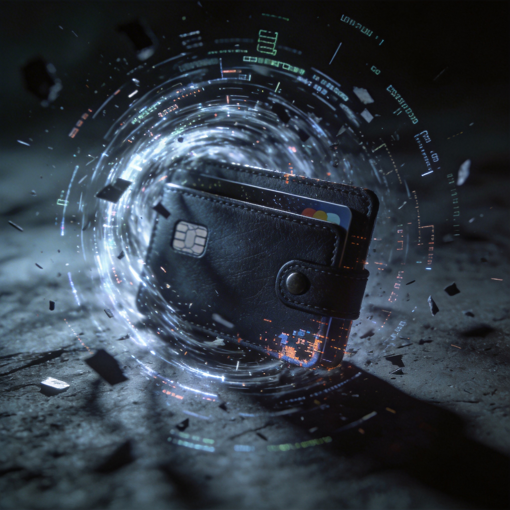 Digital credit card surrounded by swirling data, symbolizing security risks and data breaches.