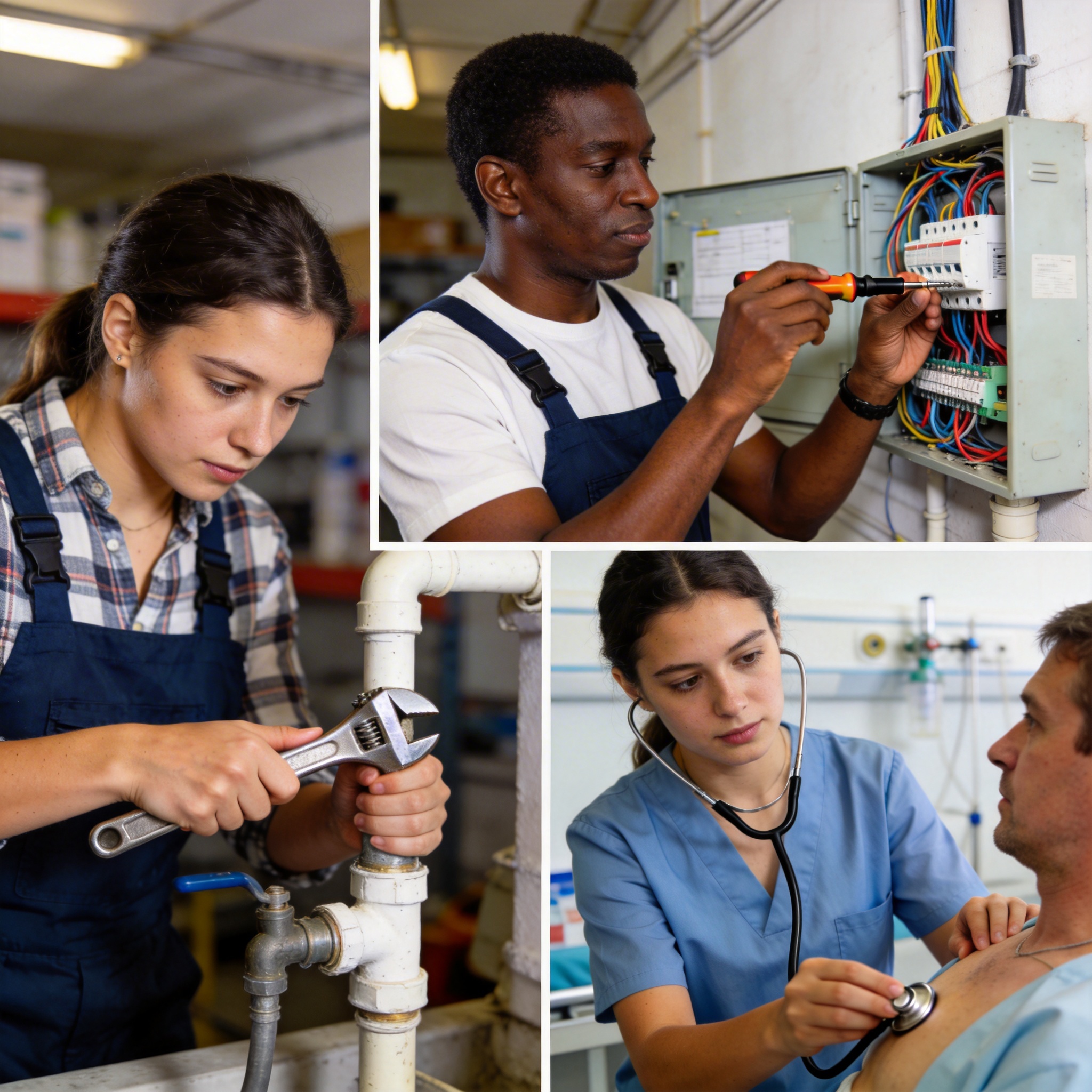 Young adults engaged in plumbing, electrical work, and nursing, symbolizing a shift to blue-collar jobs.