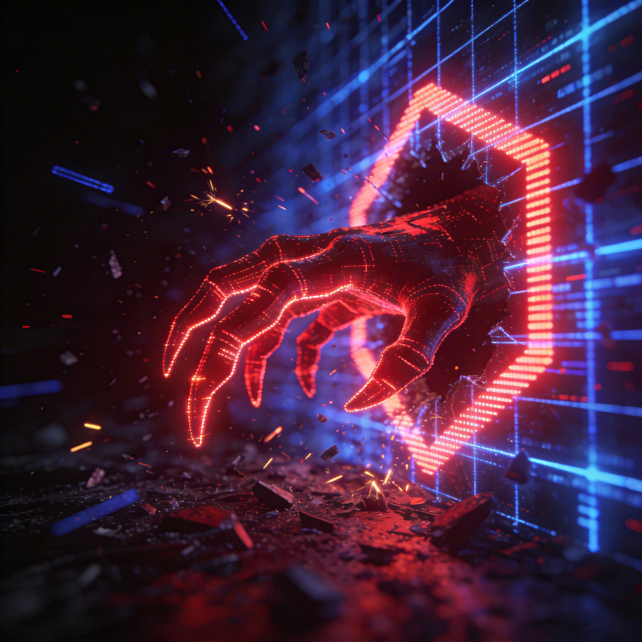 Digital red claw breaking through a blue firewall, symbolizing a security breach and data fragmentation.