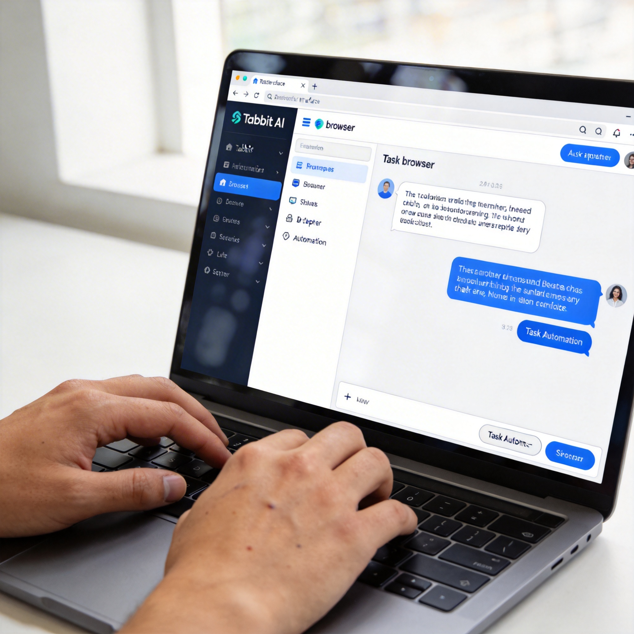 Close-up of a laptop screen showing the Tabbit AI browser interface with hands on keyboard.