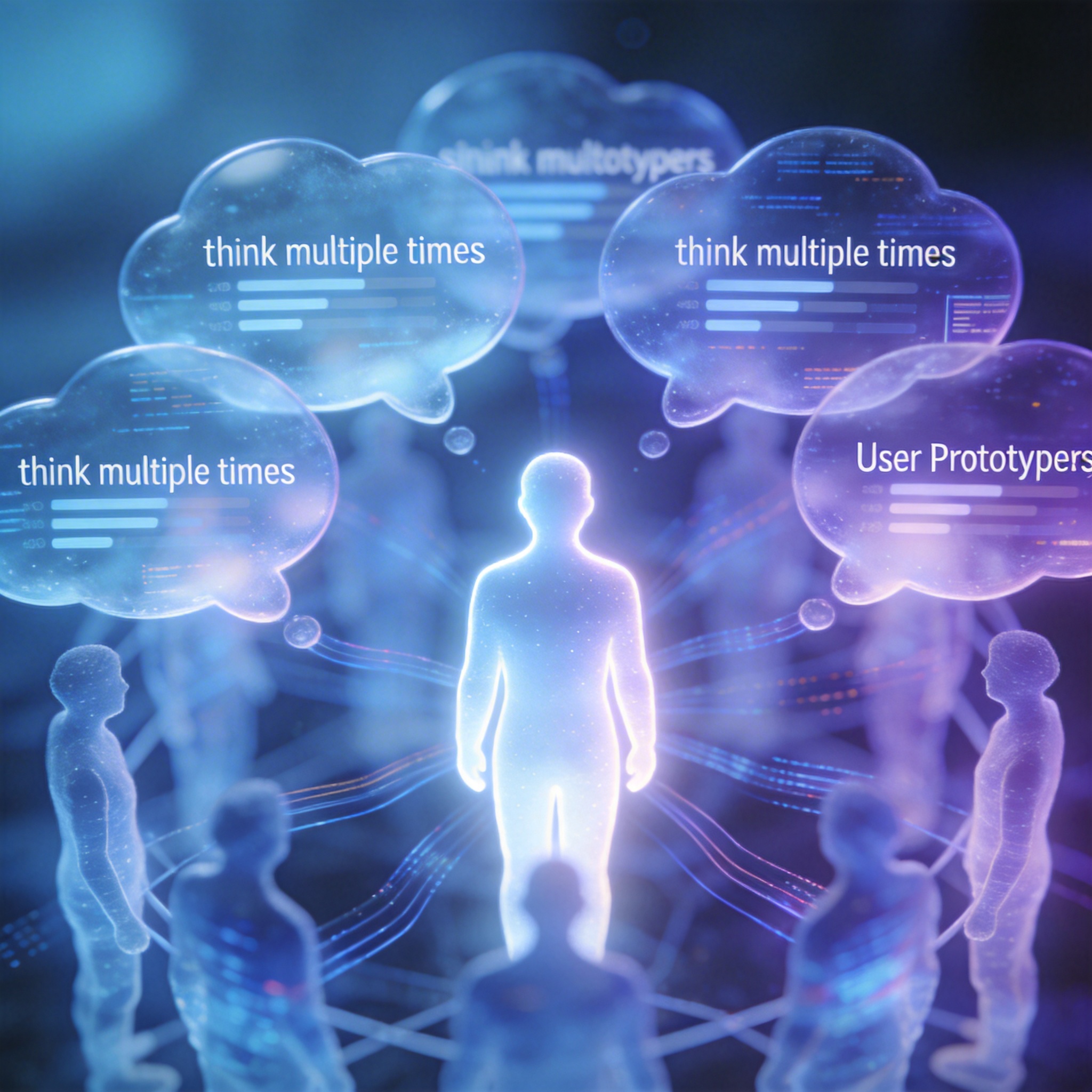 Abstract visualization of a central user surrounded by multiple thought bubbles and connected to 'similar users,' representing test-time scaling.